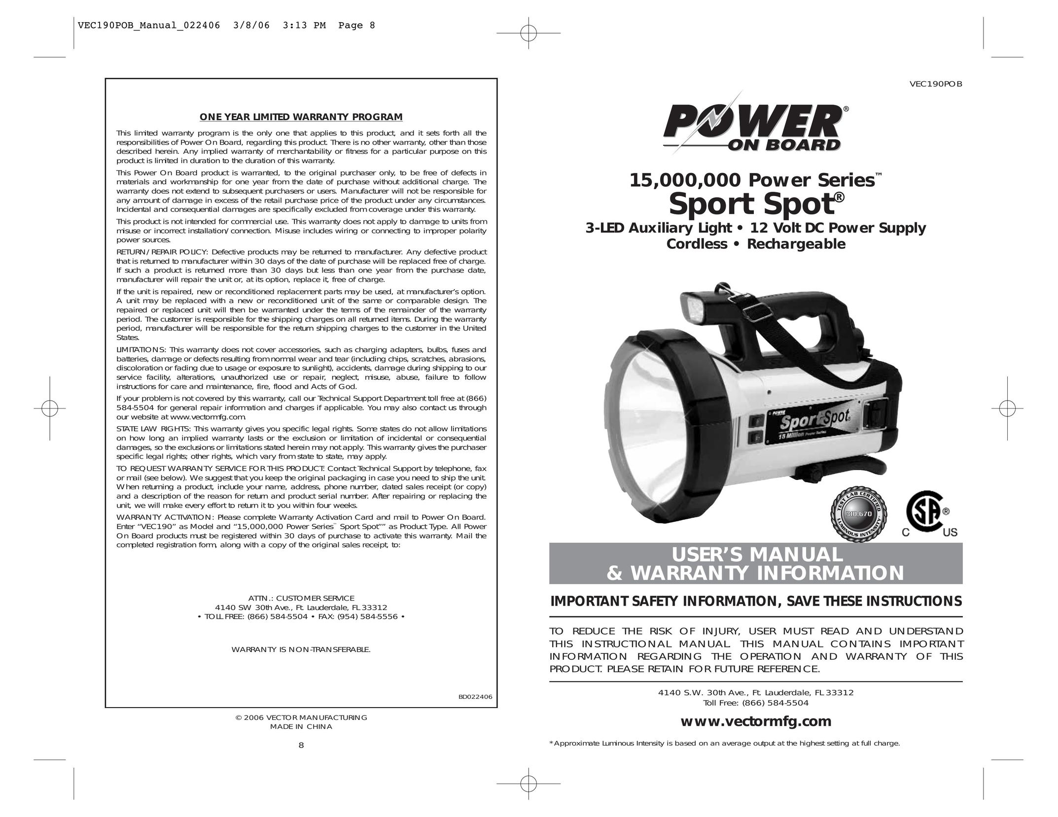 Vector VEC190POB Work Light User Manual