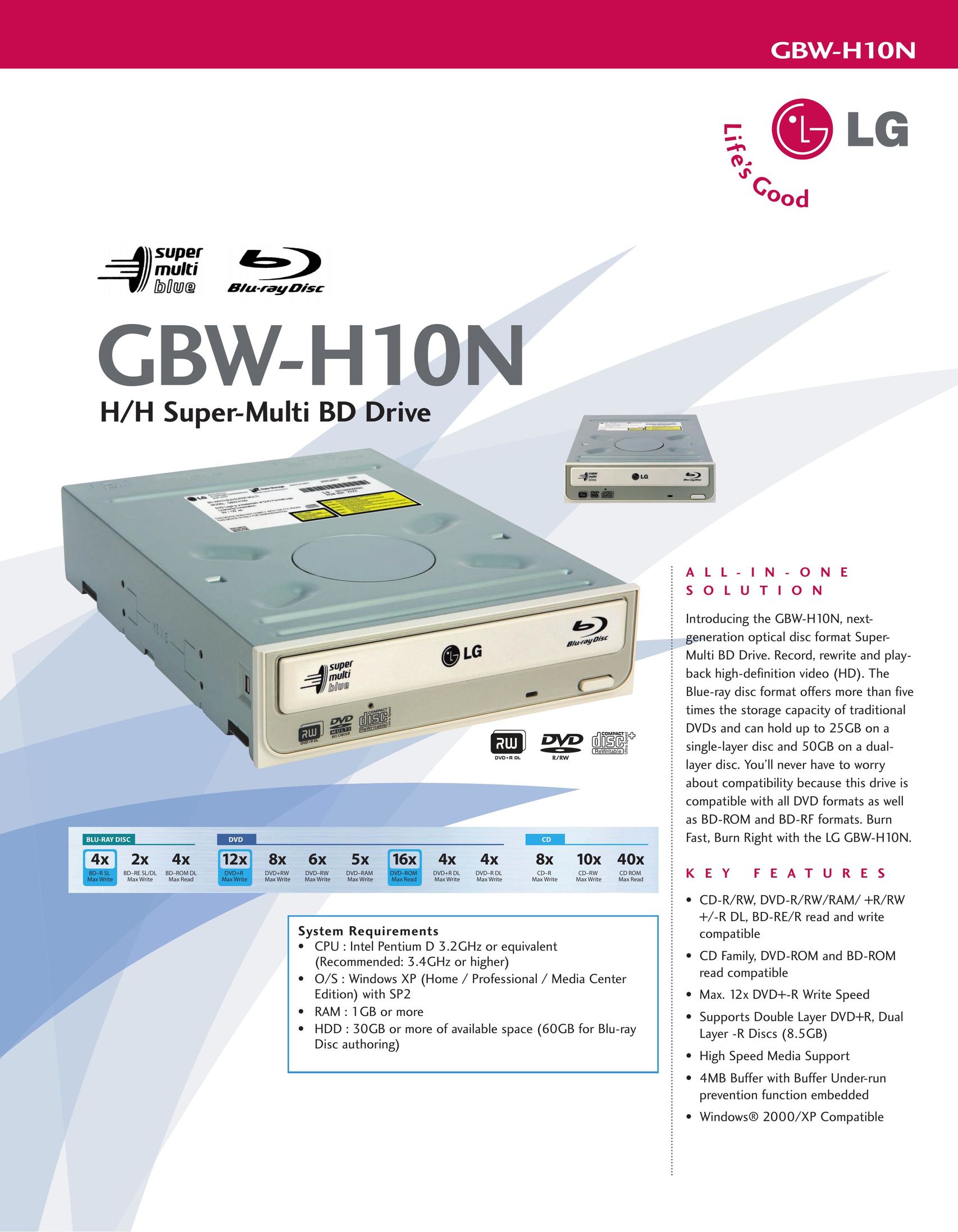 LG Electronics GBW-H10N Blu-ray Player User Manual
