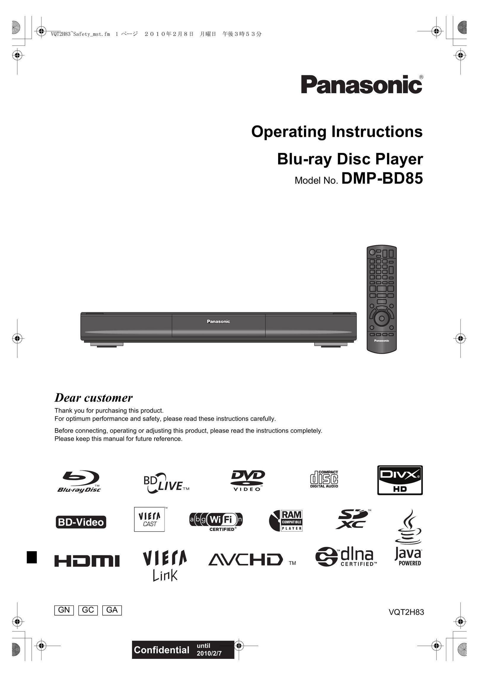 Panasonic DMP-BD85 Blu-ray Player User Manual