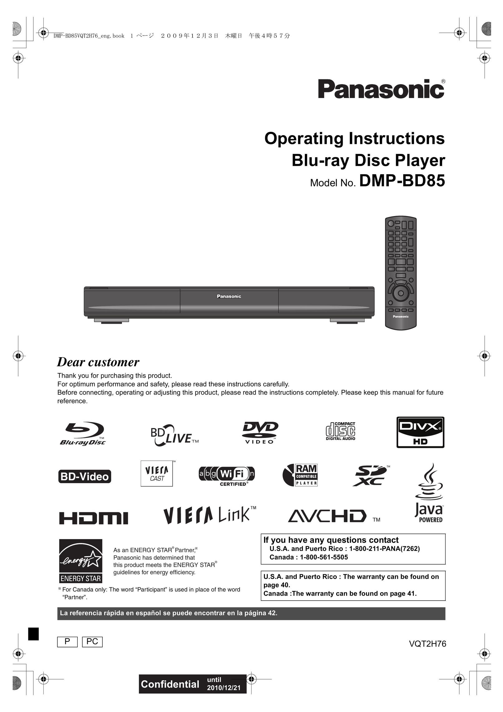 Panasonic DMP-BD85EGK Blu-ray Player User Manual