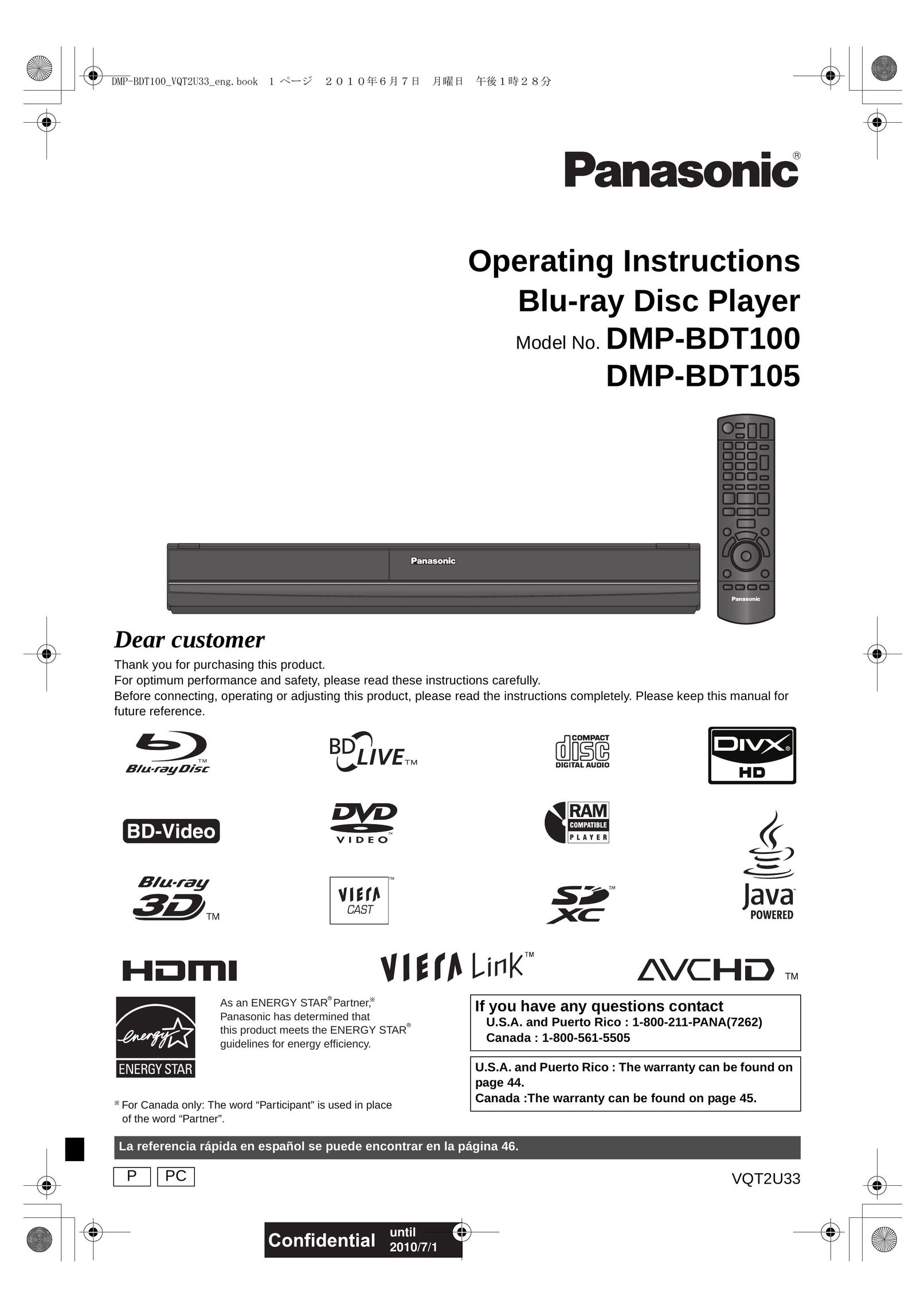 Panasonic DMP-BDT105 Blu-ray Player User Manual