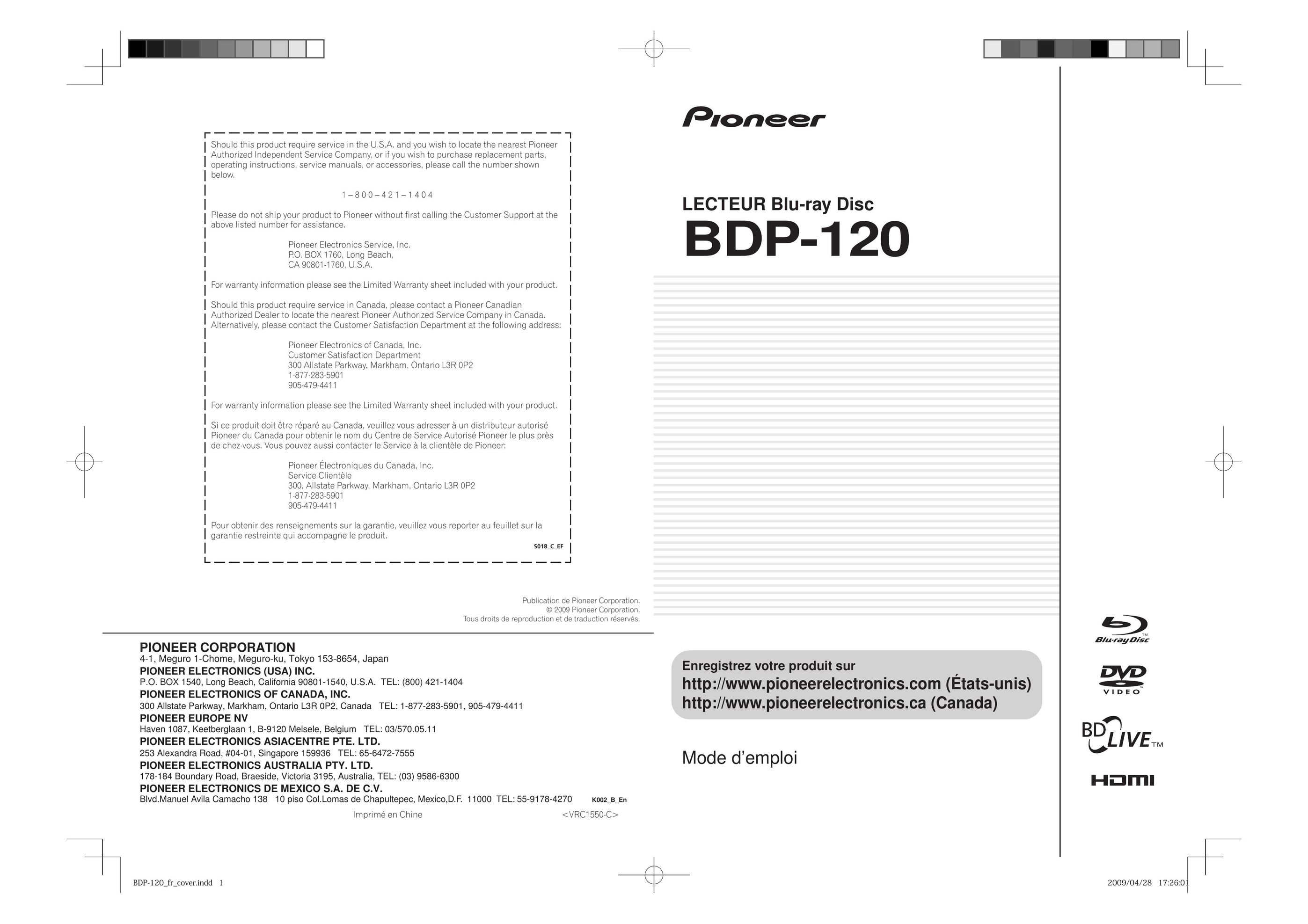 Pioneer BDP-120 Blu-ray Player User Manual