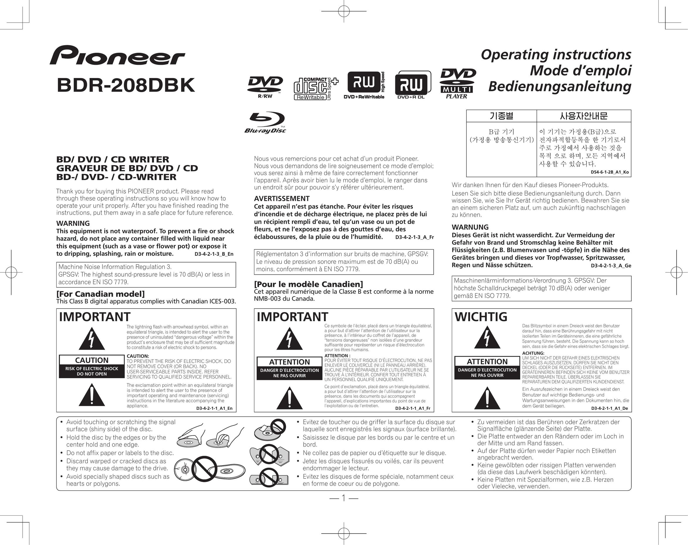 Pioneer BDR-207DBK Blu-ray Player User Manual