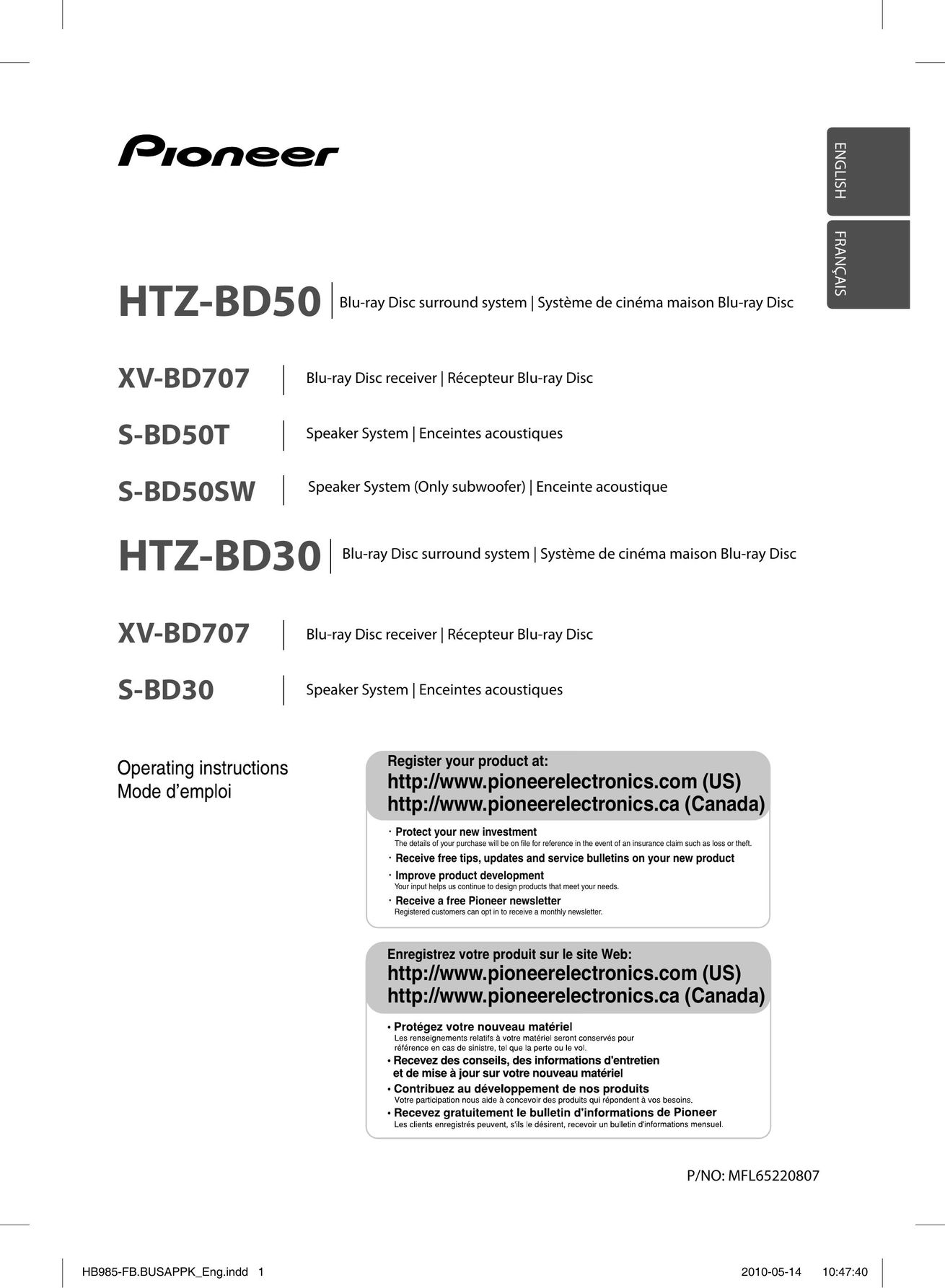 Pioneer HTZ-BD30 Blu-ray Player User Manual