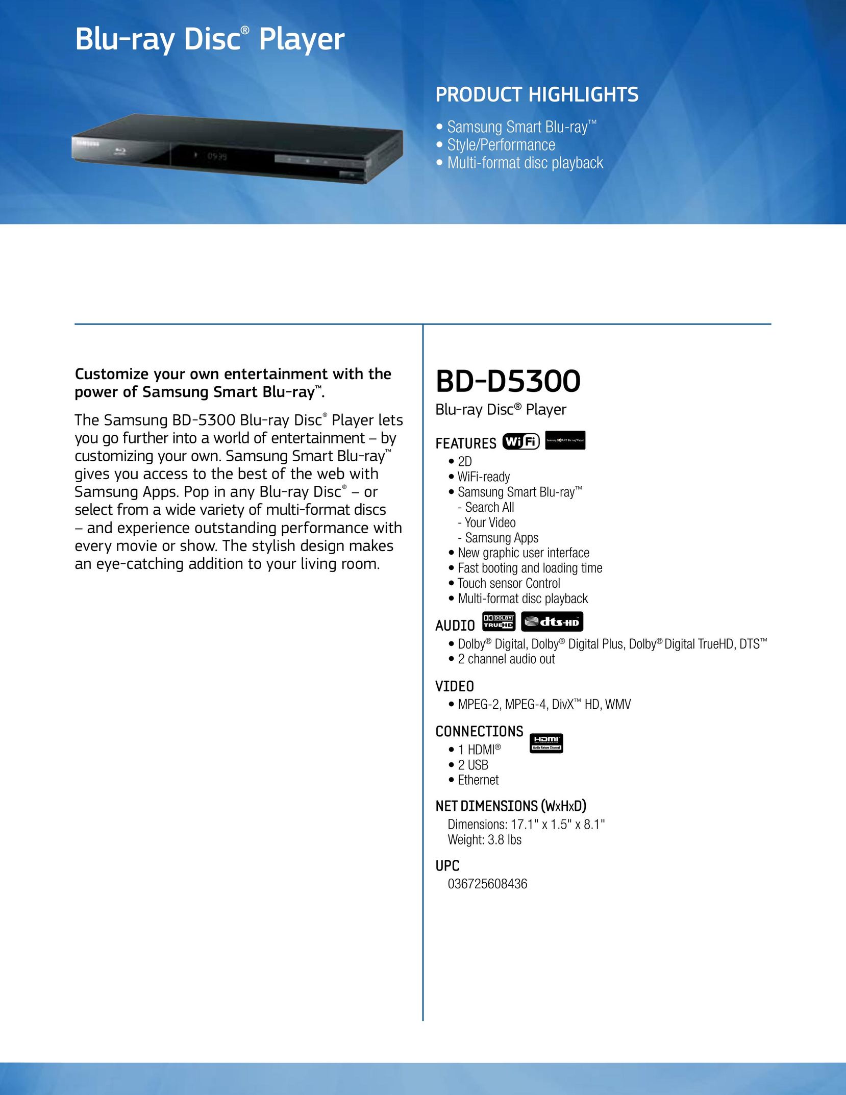 Samsung BD-D5300 Blu-ray Player User Manual