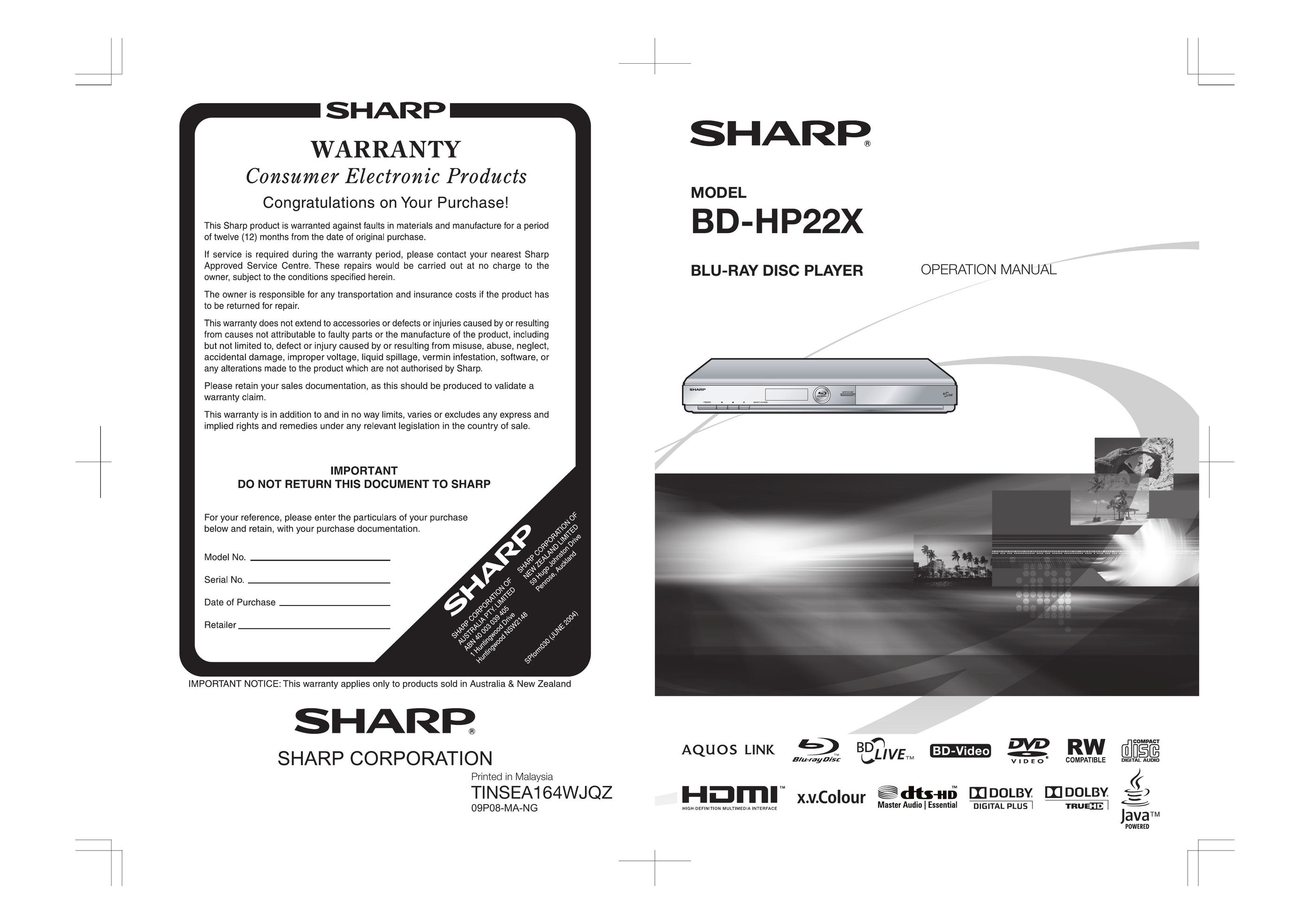 Sharp TINSEA164WJQZ Blu-ray Player User Manual