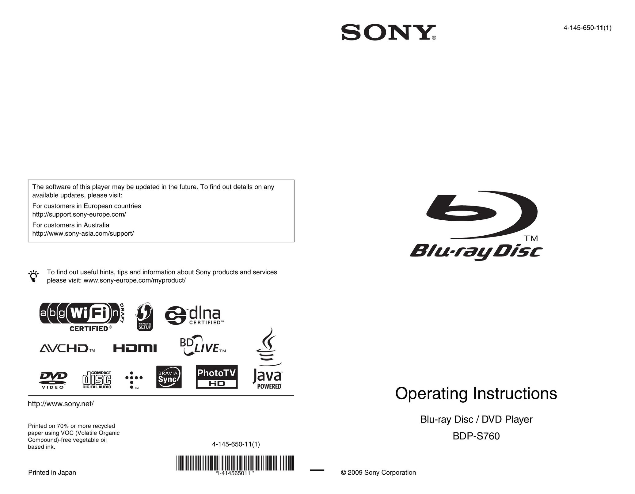 Sony 4-145-650-11(1) Blu-ray Player User Manual