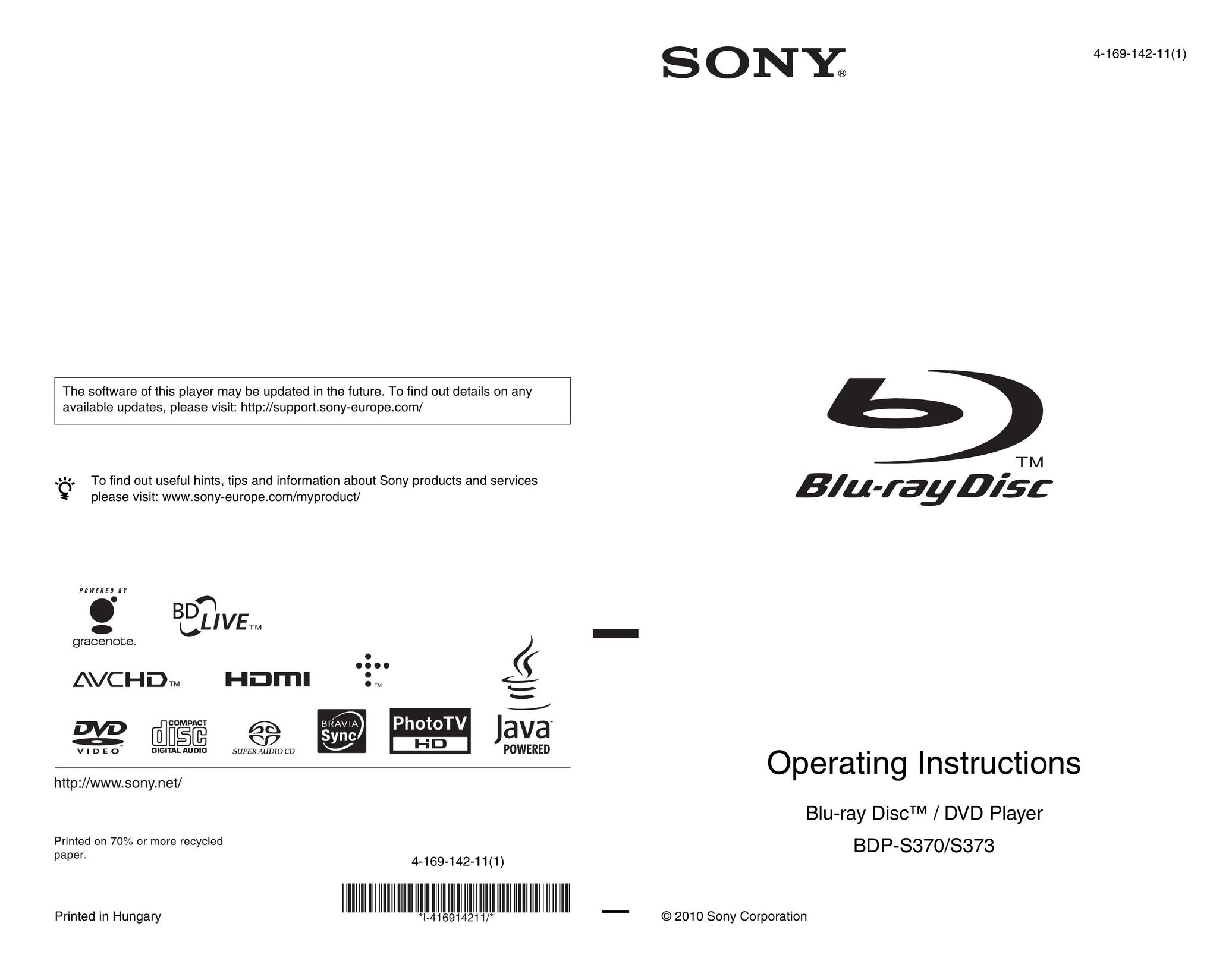 Sony 4-169-142-11(1) Blu-ray Player User Manual