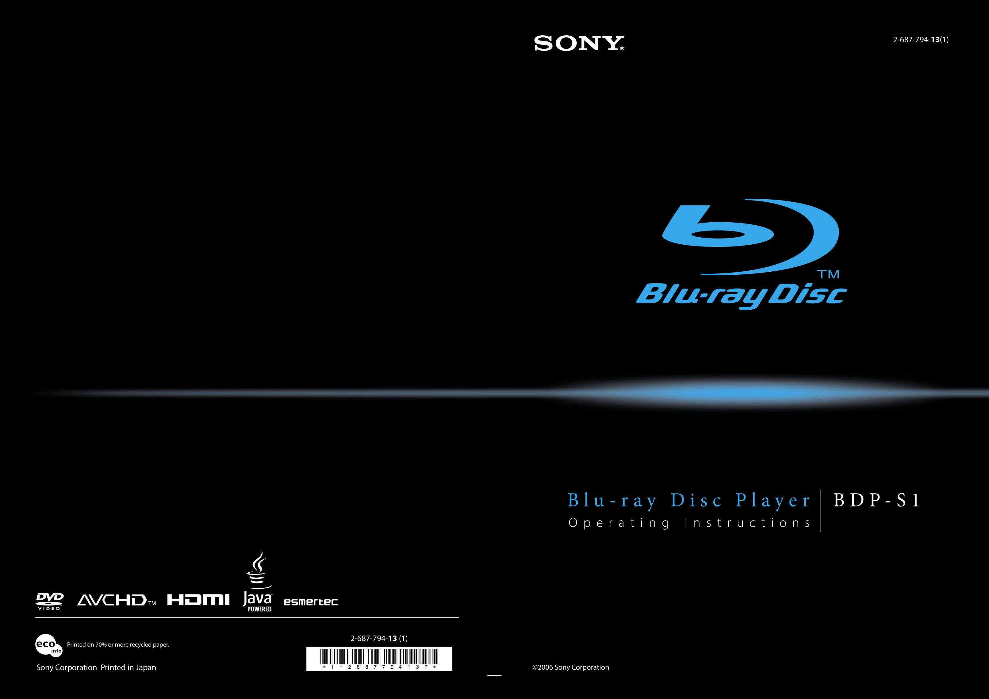 Sony BDP - S1 Blu-ray Player User Manual