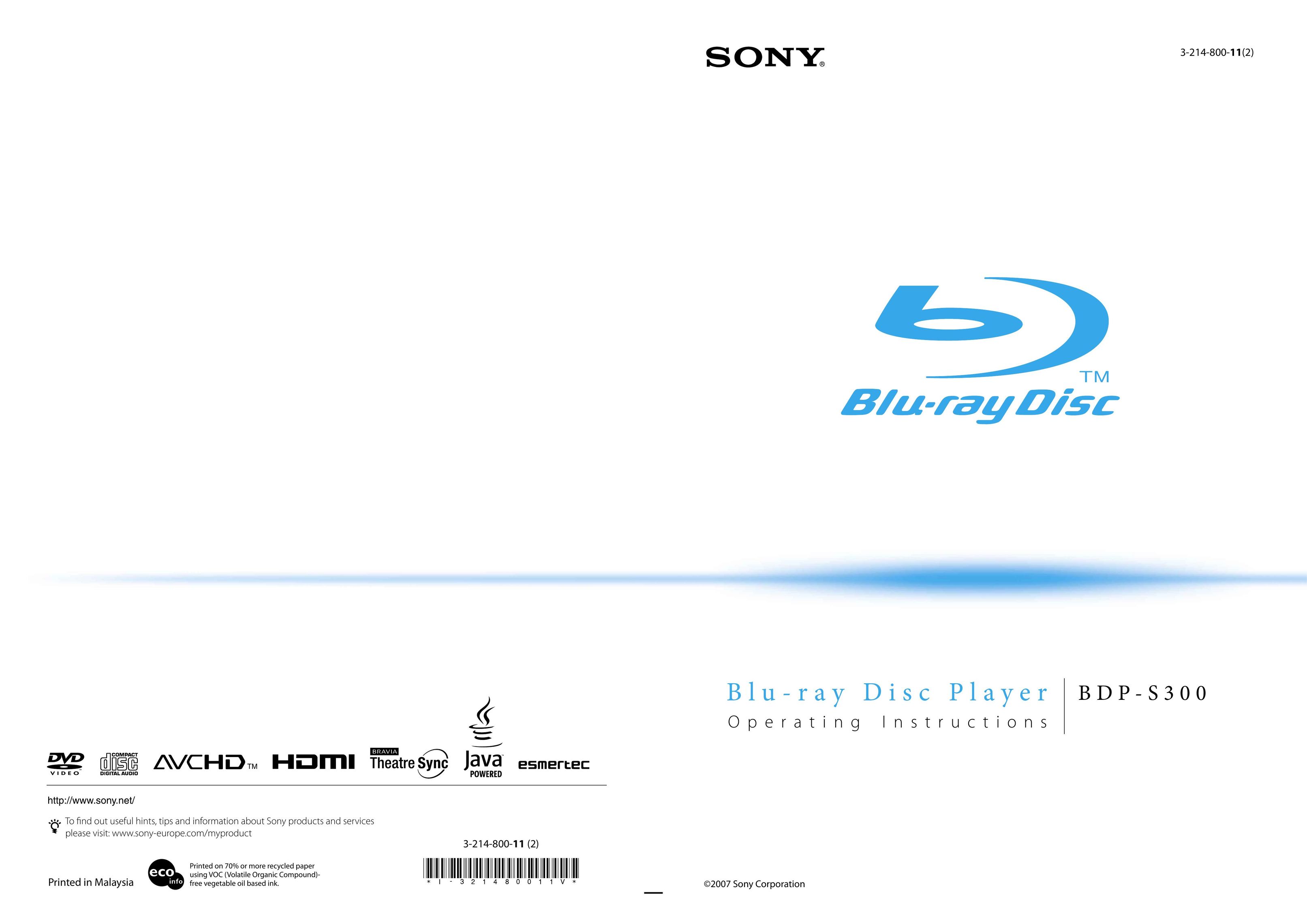 Sony BDP - S300 Blu-ray Player User Manual
