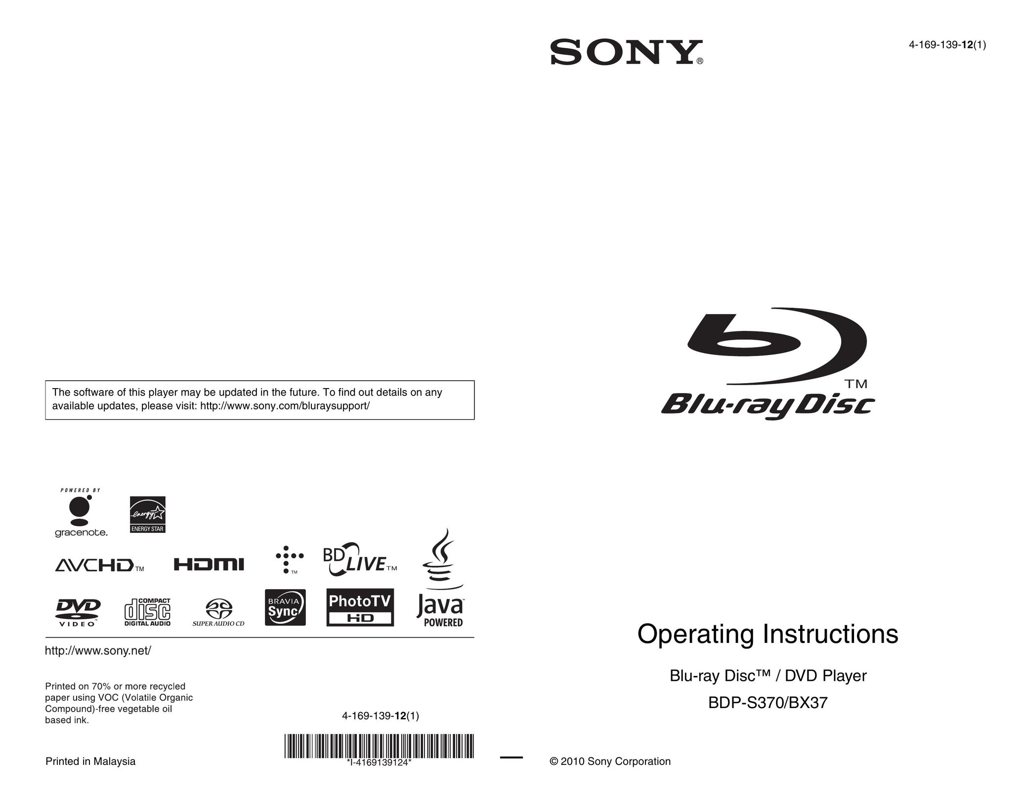 Sony BDP-BX37 Blu-ray Player User Manual