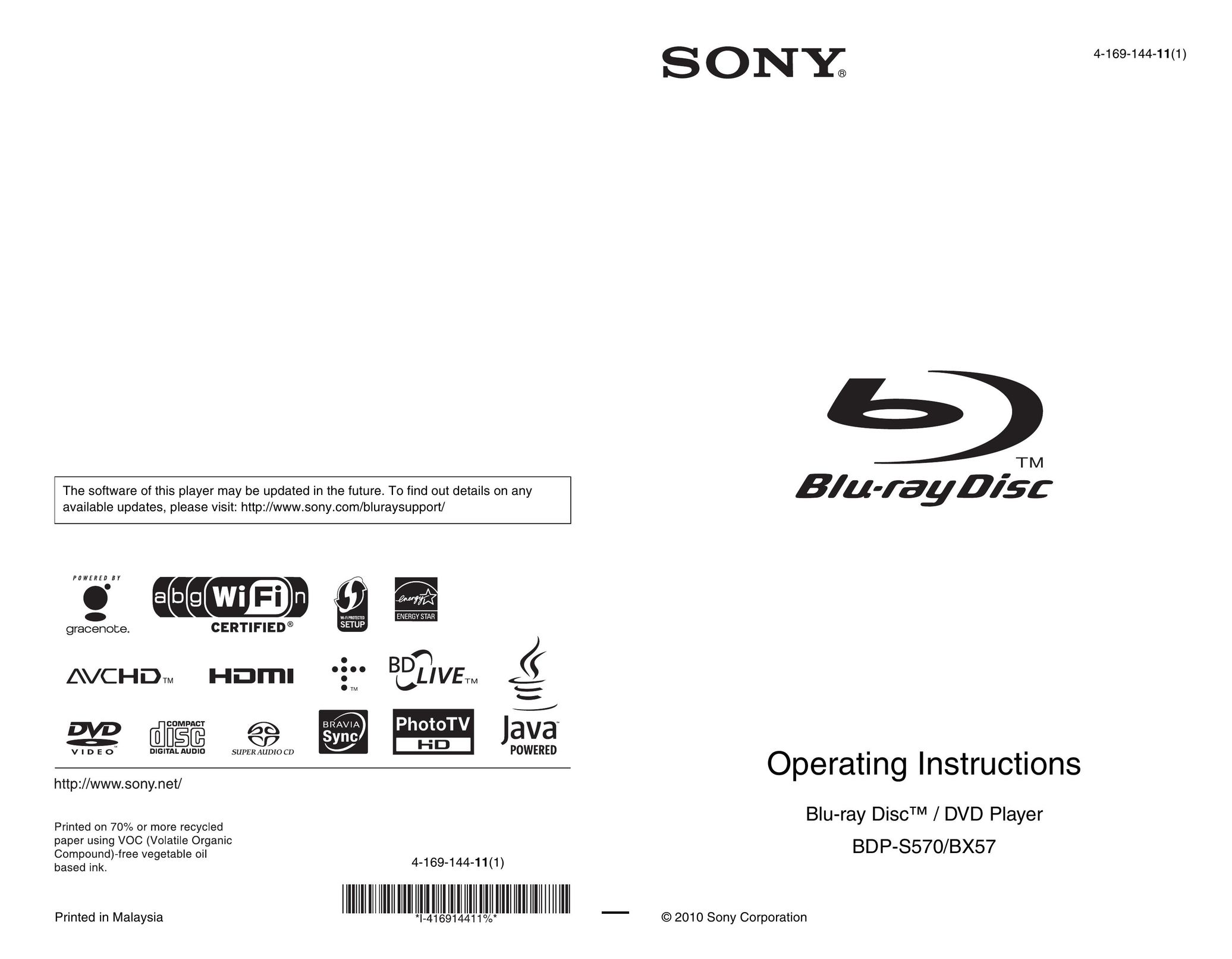 Sony BDP-BX57 Blu-ray Player User Manual