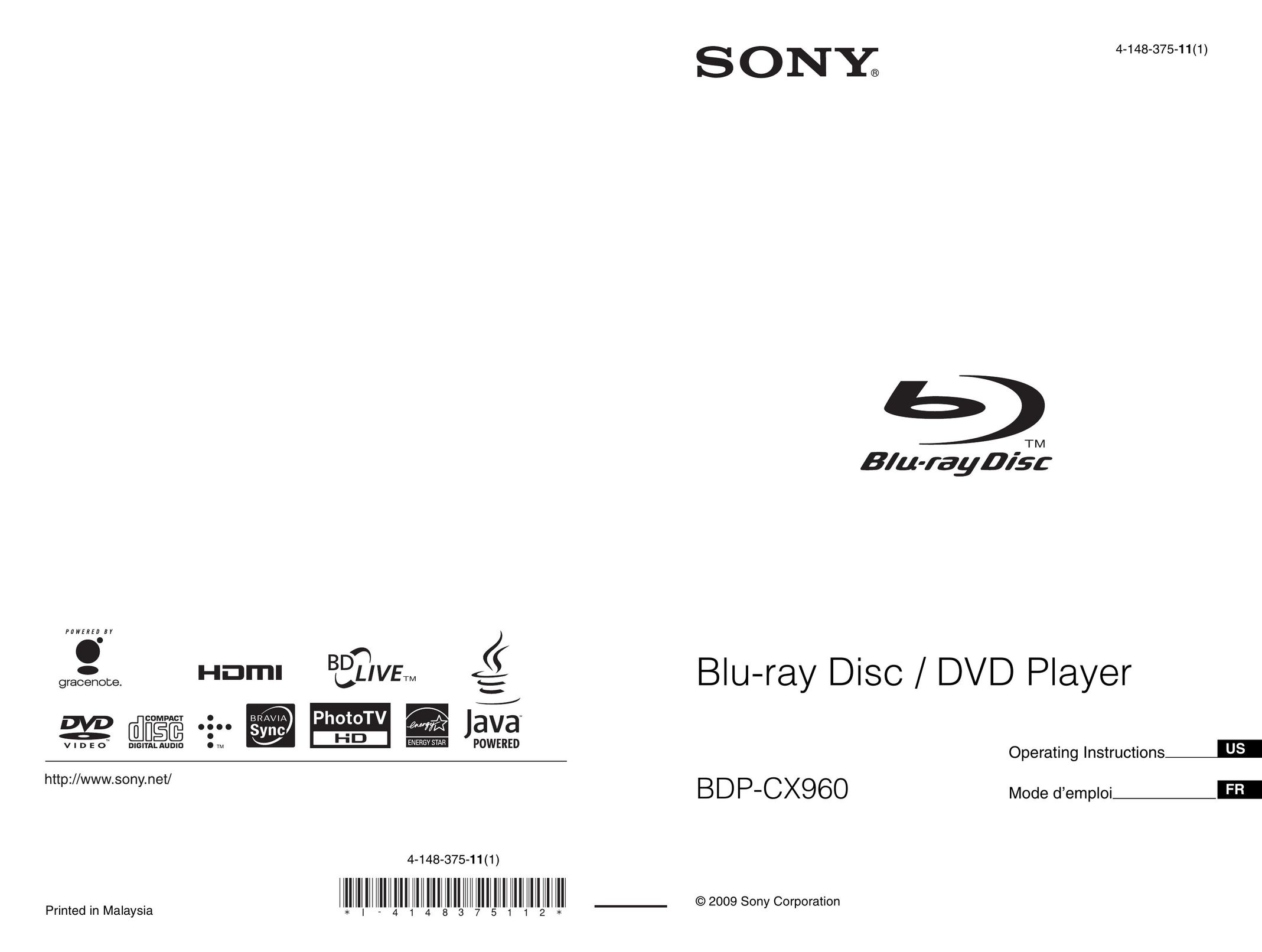 Sony BDP-CX960 Blu-ray Player User Manual