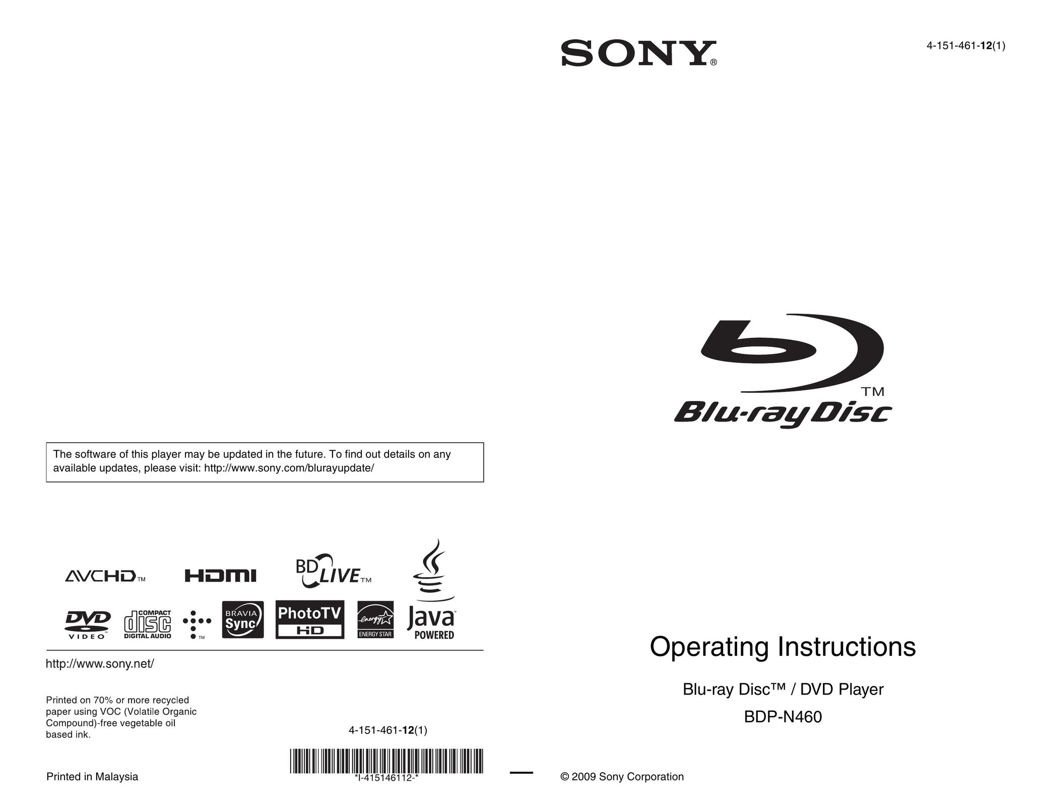 Sony BDP-N460 Blu-ray Player User Manual
