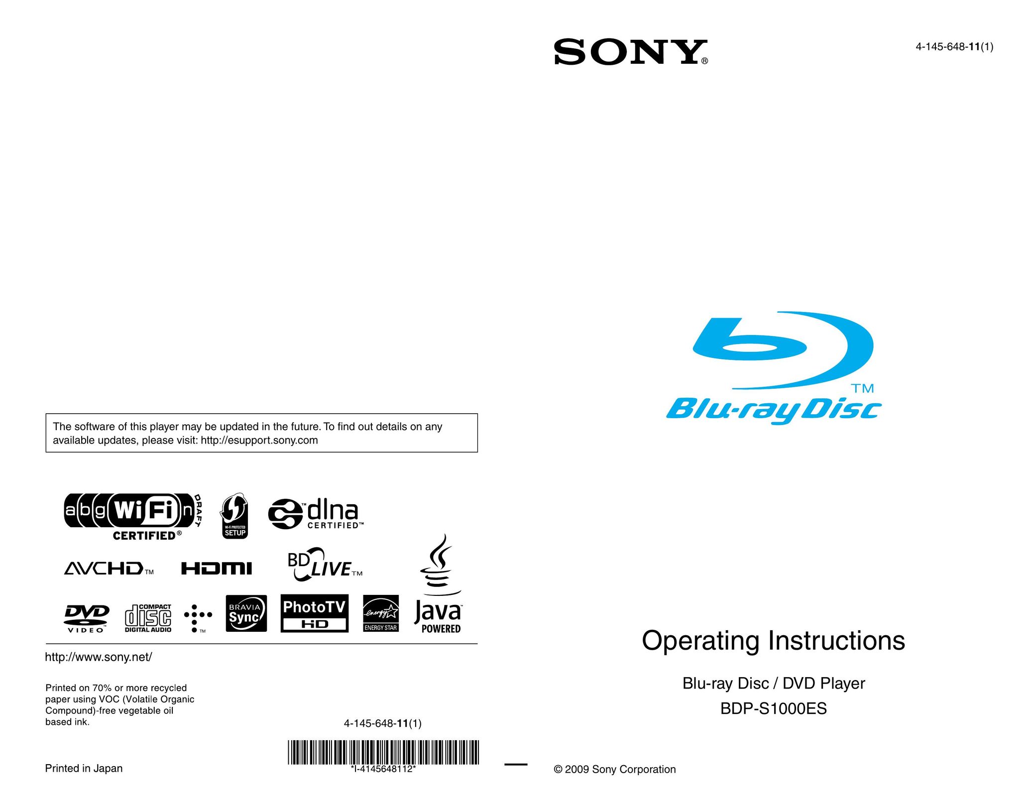 Sony BDP-S1000ES Blu-ray Player User Manual