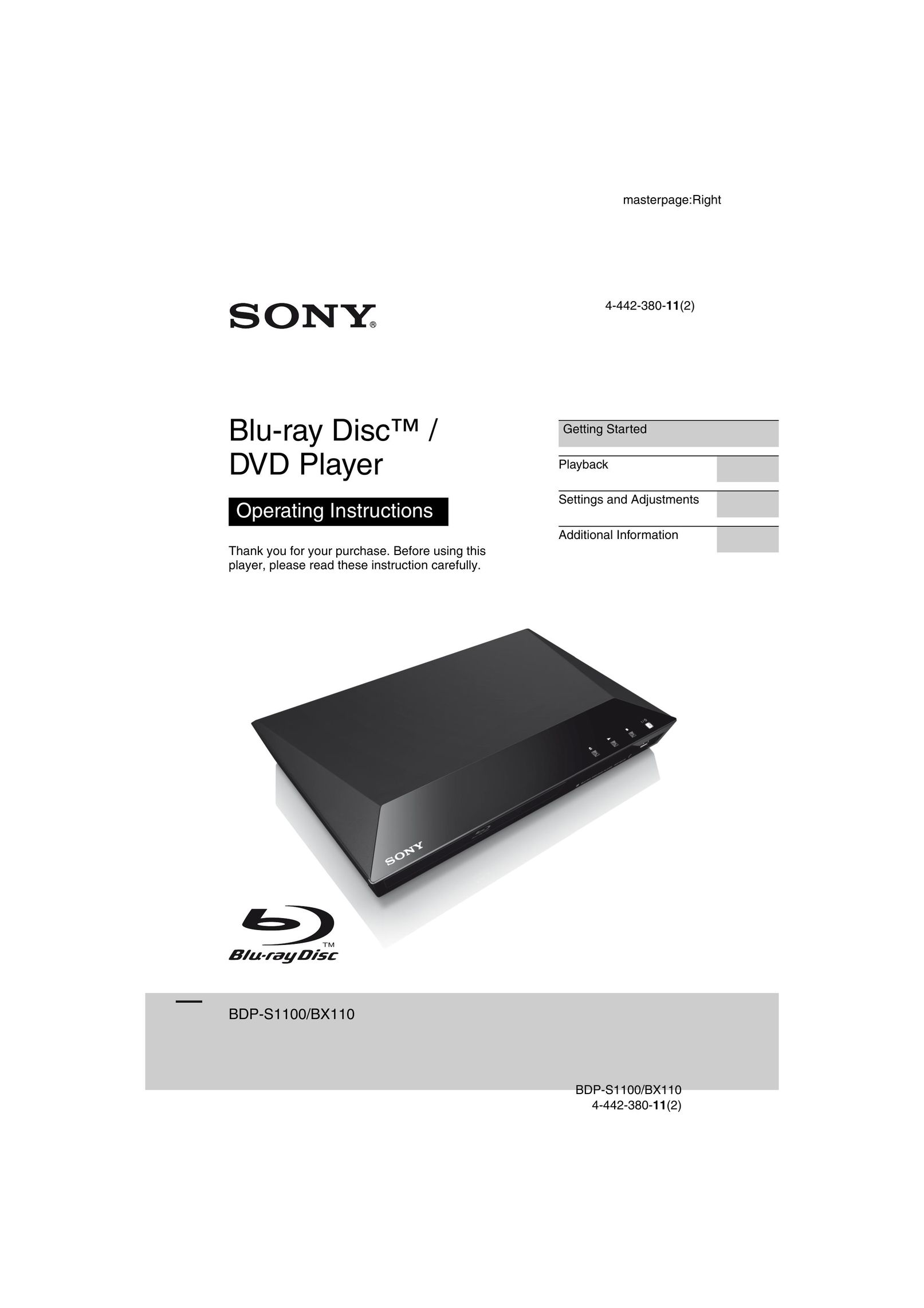 Sony BDP-S1100 Blu-ray Player User Manual