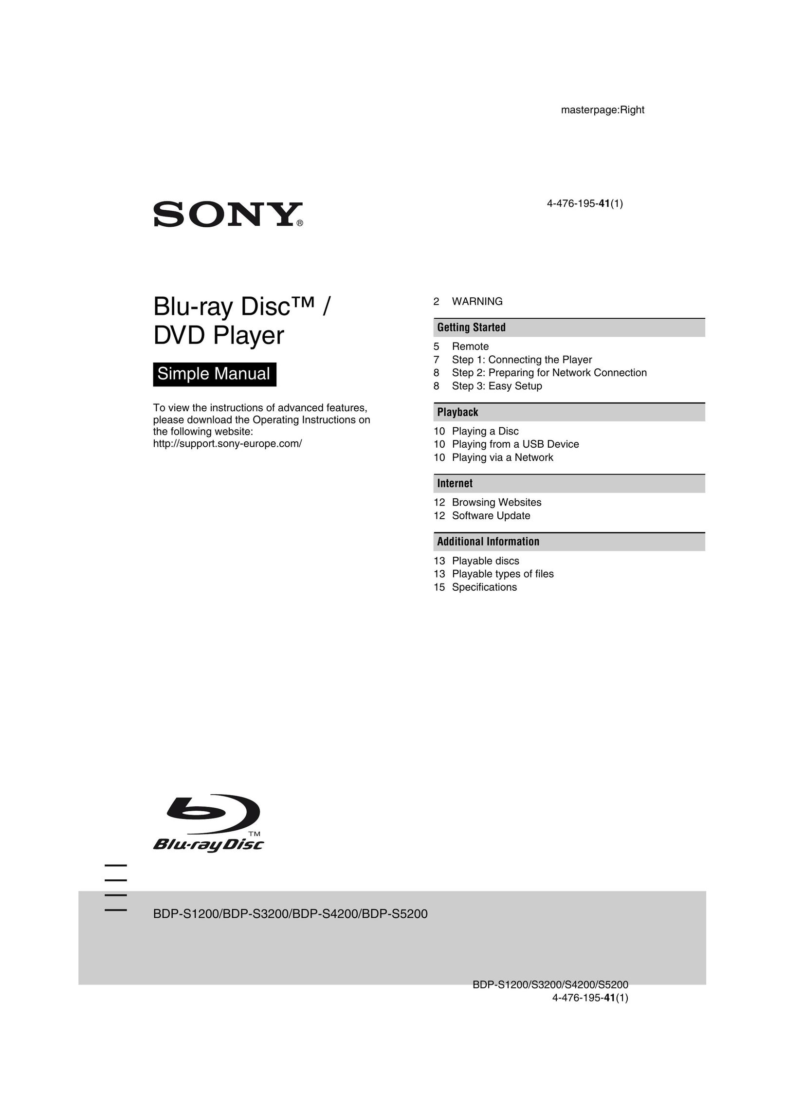 Sony BDP-S1200 Blu-ray Player User Manual