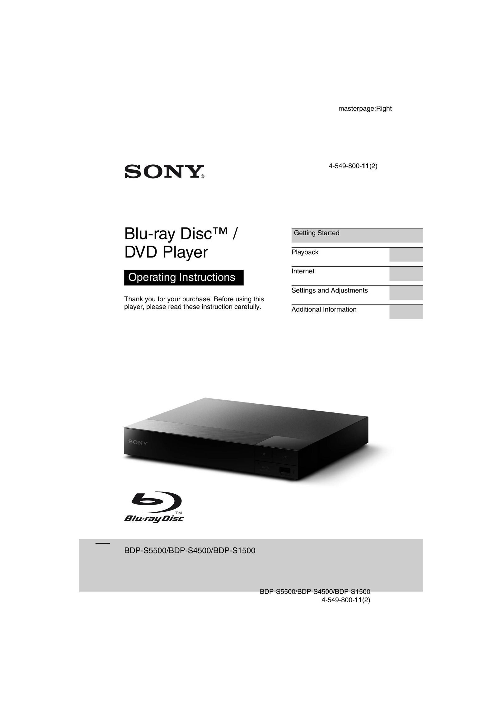Sony BDP-S1500 Blu-ray Player User Manual