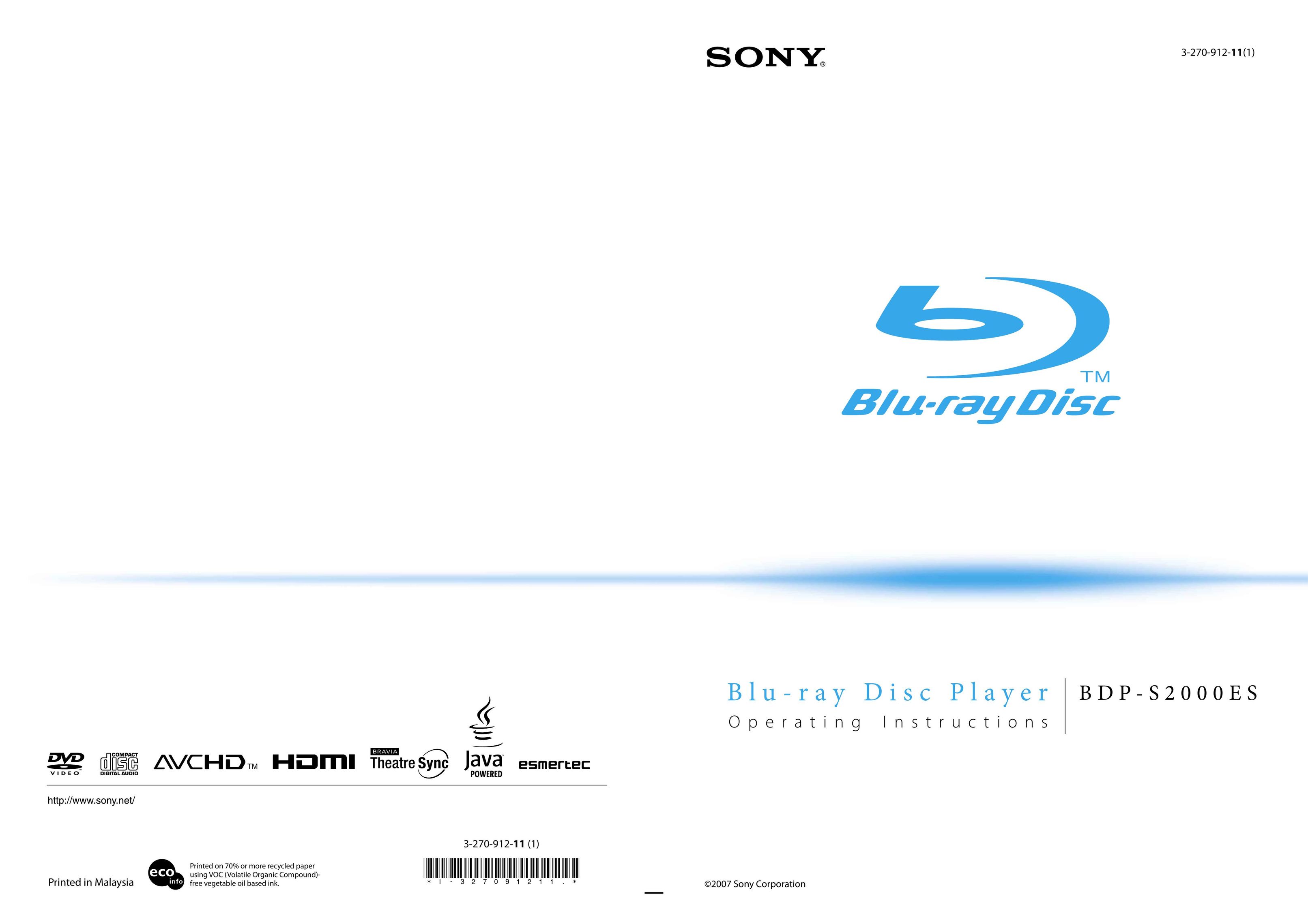 Sony BDP-S2000ES Blu-ray Player User Manual