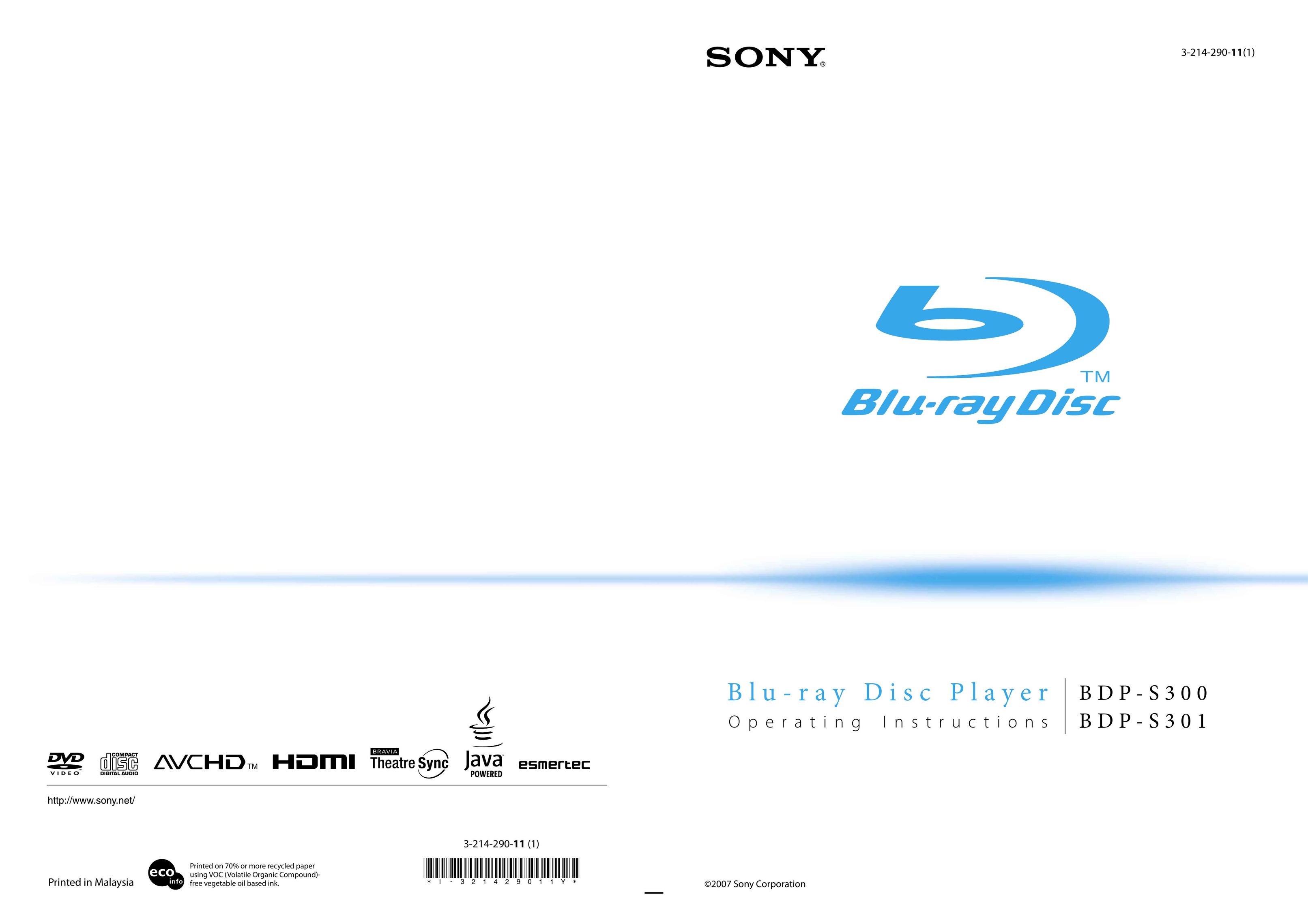 Sony BDP-S300 Blu-ray Player User Manual