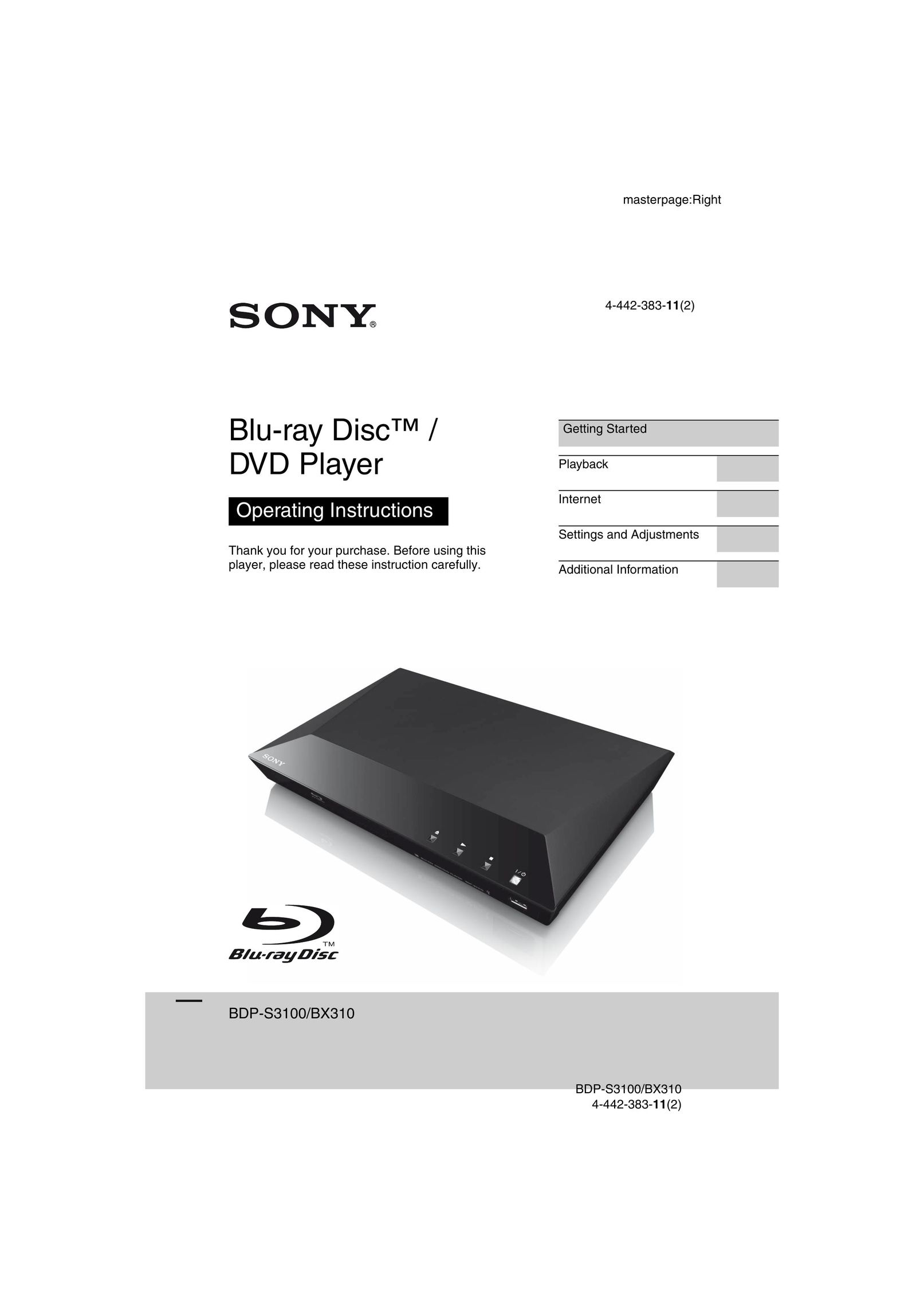 Sony BDP-S3100 Blu-ray Player User Manual