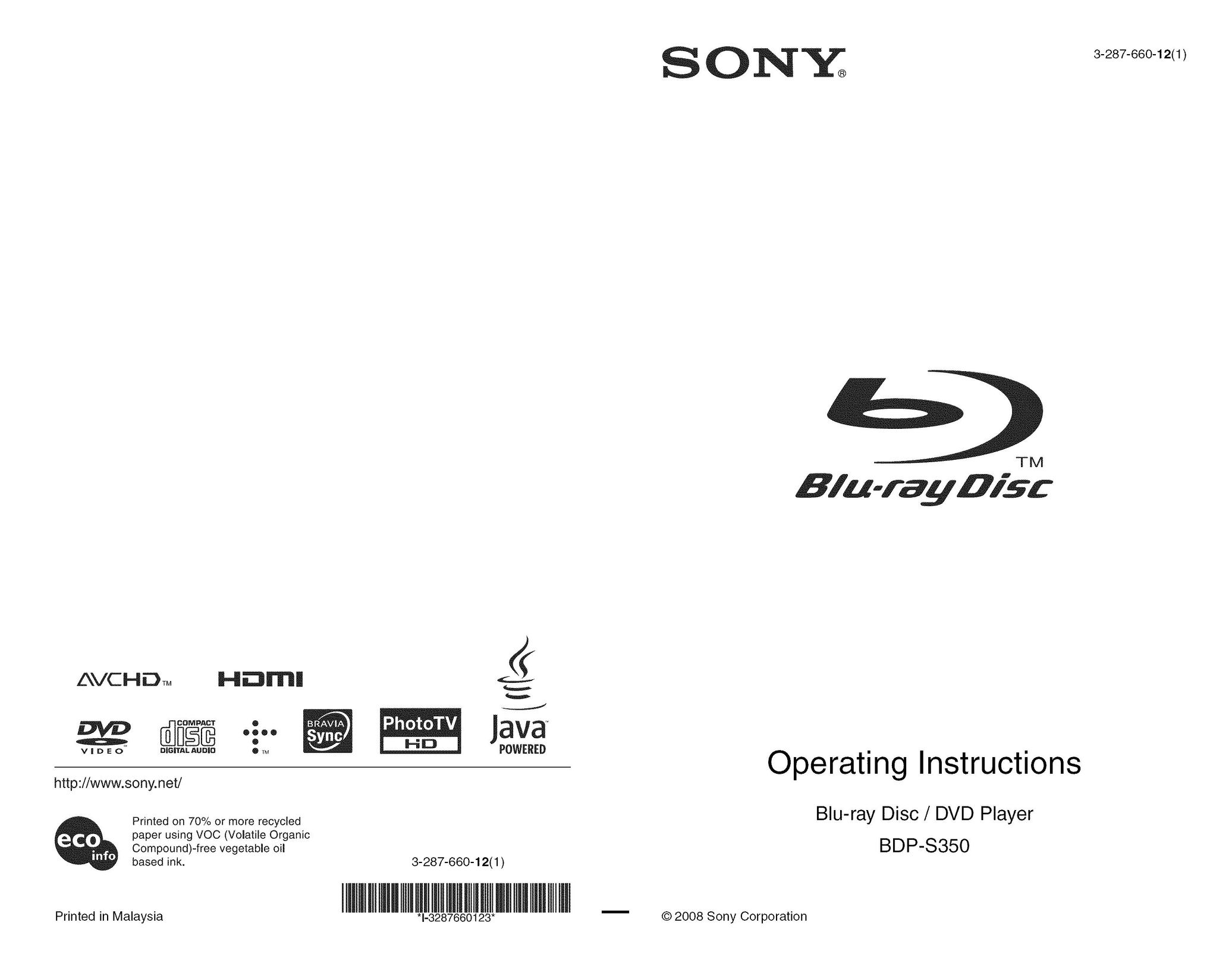 Sony BDP-S350 Blu-ray Player User Manual