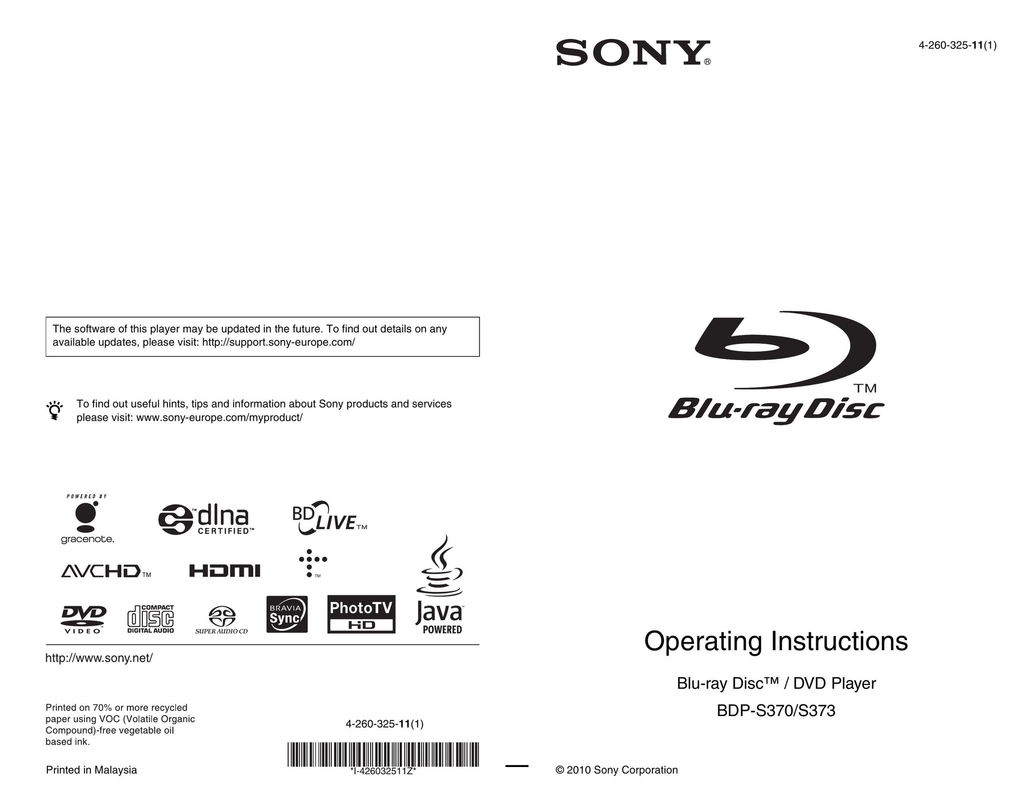 Sony BDP-S370 Blu-ray Player User Manual
