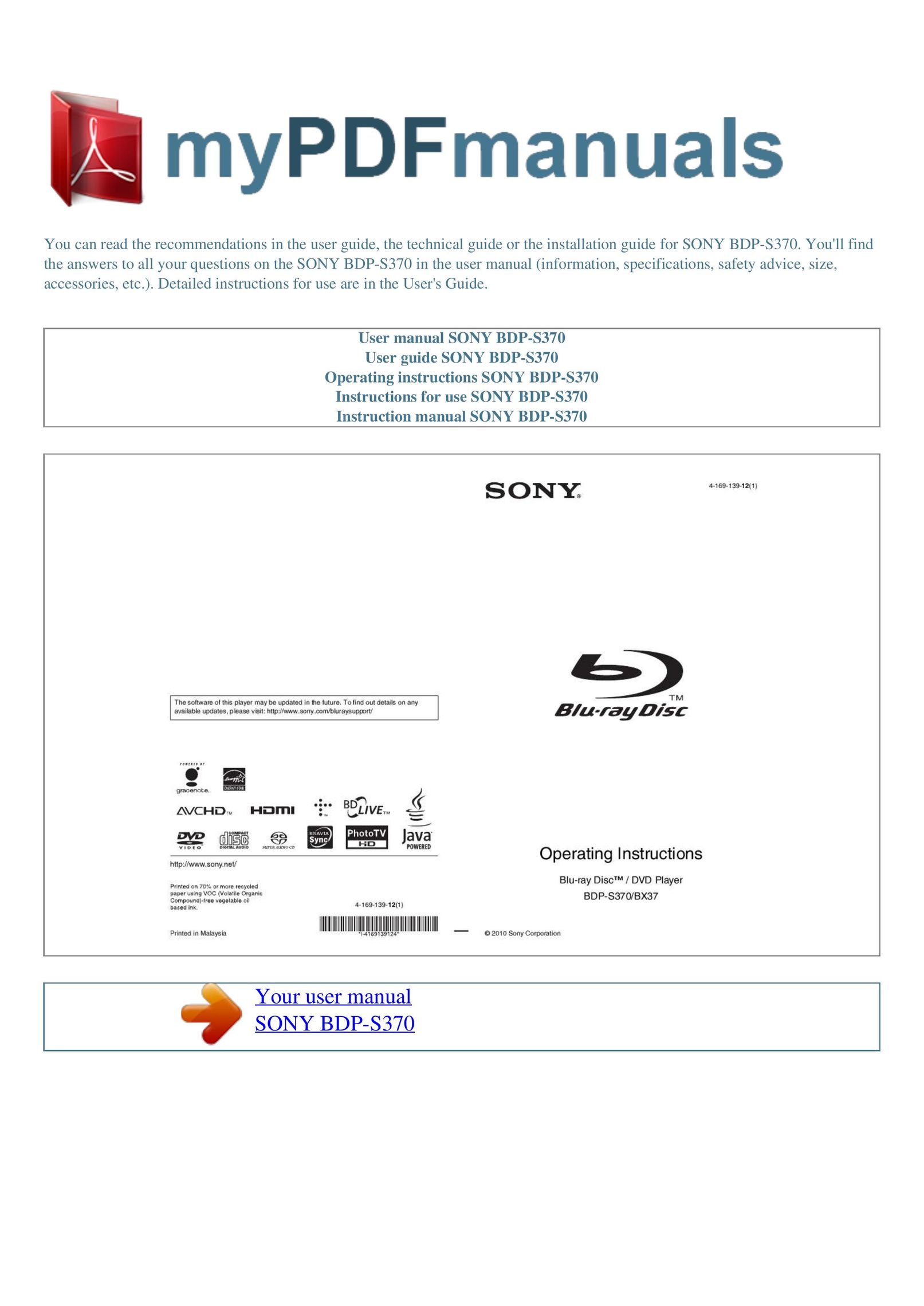 Sony BDP-S370 Blu-ray Player User Manual