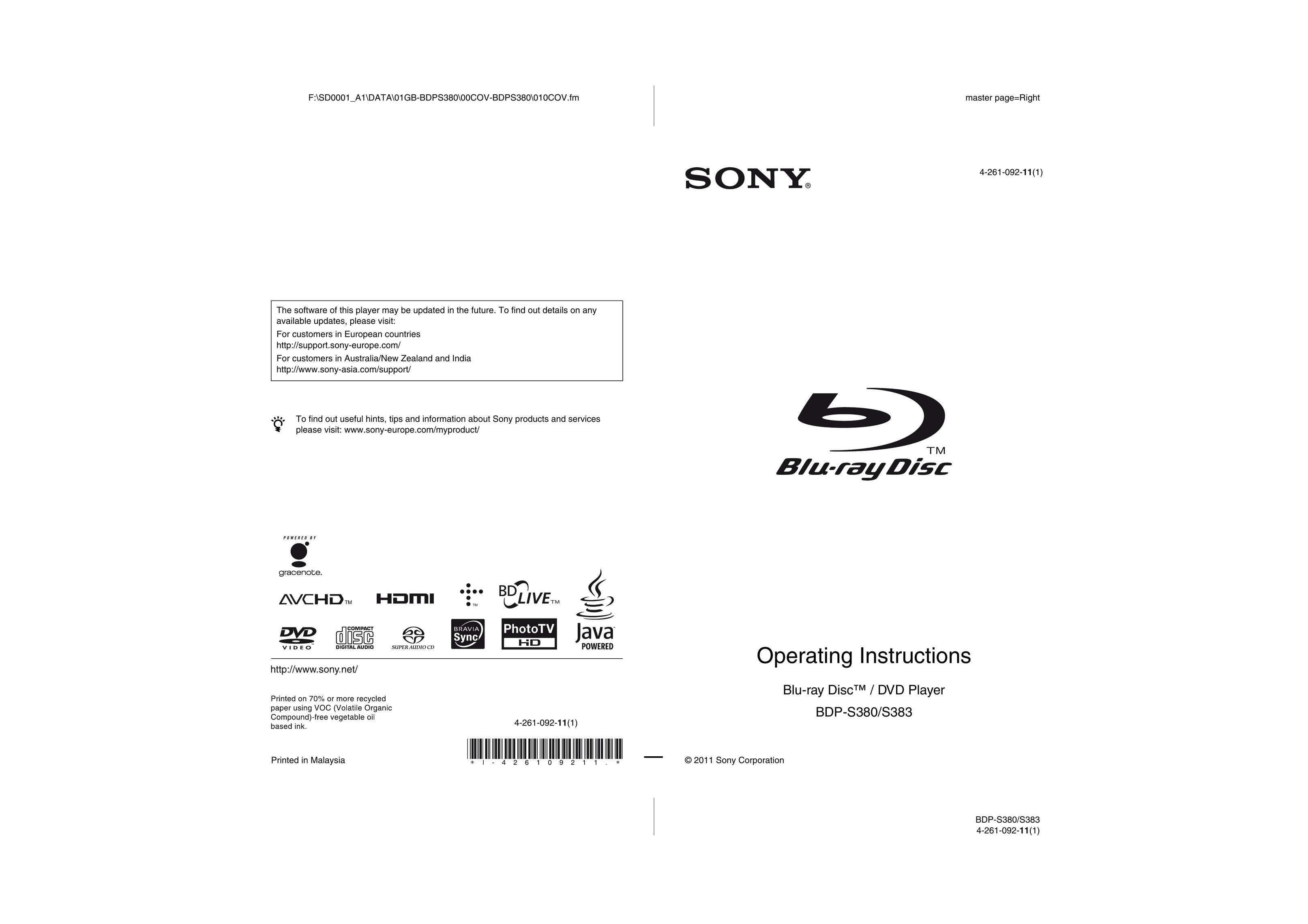 Sony BDP-S380/S383 Blu-ray Player User Manual