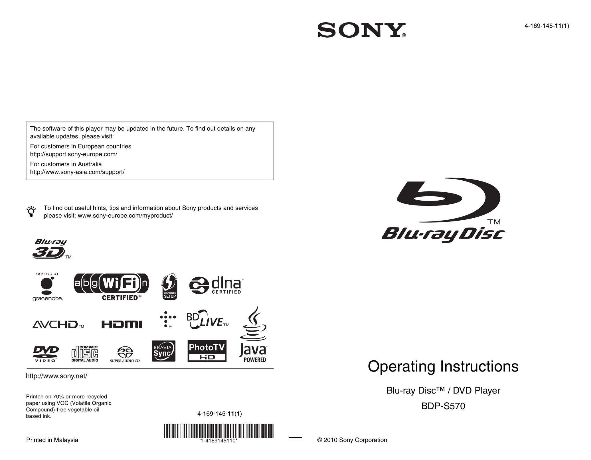 Sony BDP-S570 Blu-ray Player User Manual