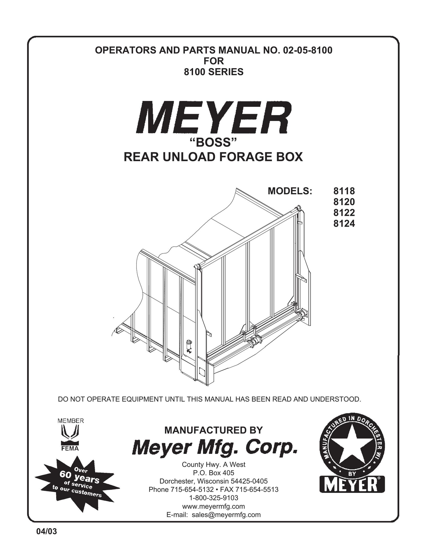 Meyer 8100 SERIES "BOSS" REAR UNLOAD FORAGE BOX Cable Box User Manual