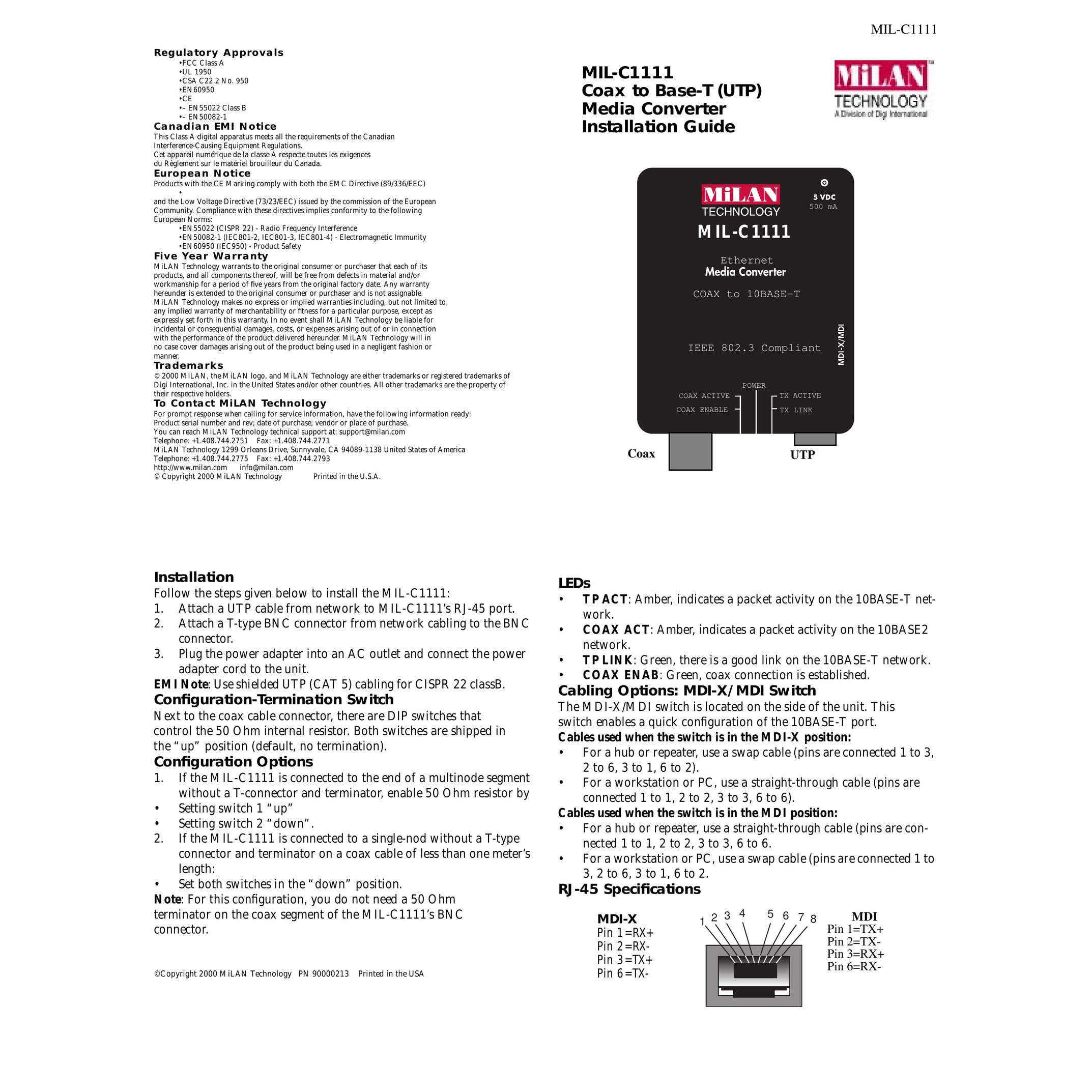 Milan Technology MIL-C1111 Cable Box User Manual