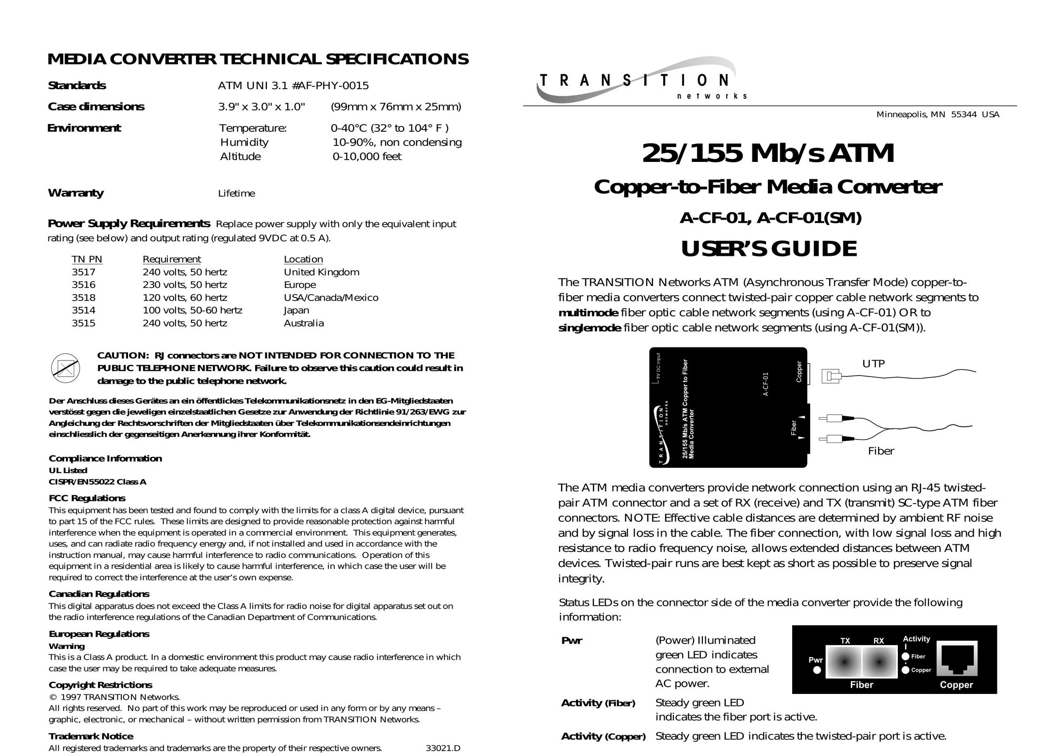 Transition Networks A-CF-01 Cable Box User Manual