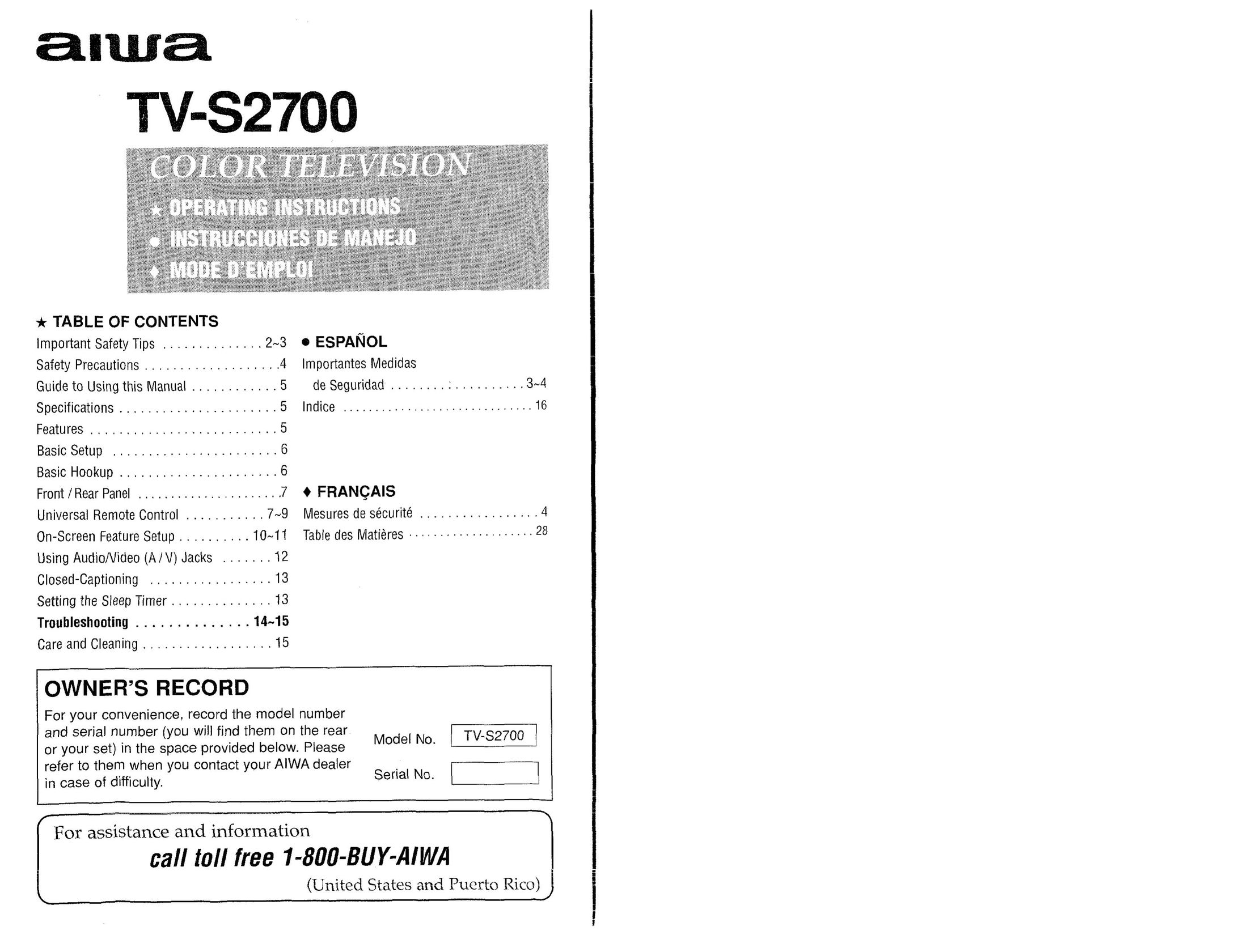 Aiwa TV-S2700 CRT Television User Manual