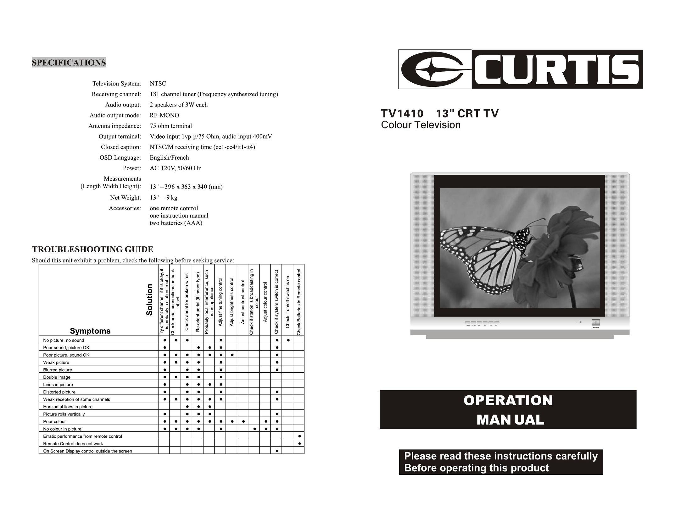 Curtis TV1410 CRT Television User Manual