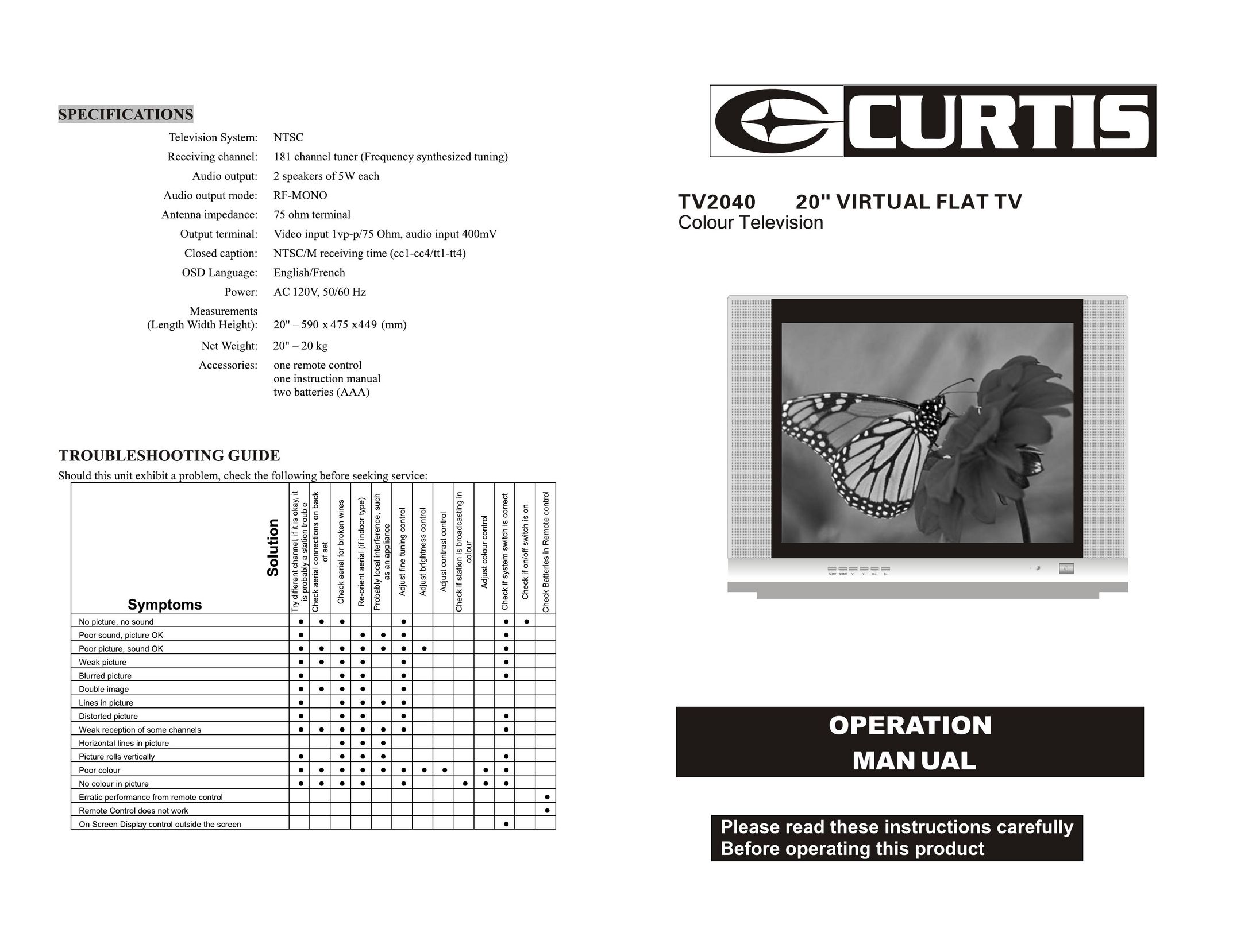 Curtis TV2040 CRT Television User Manual