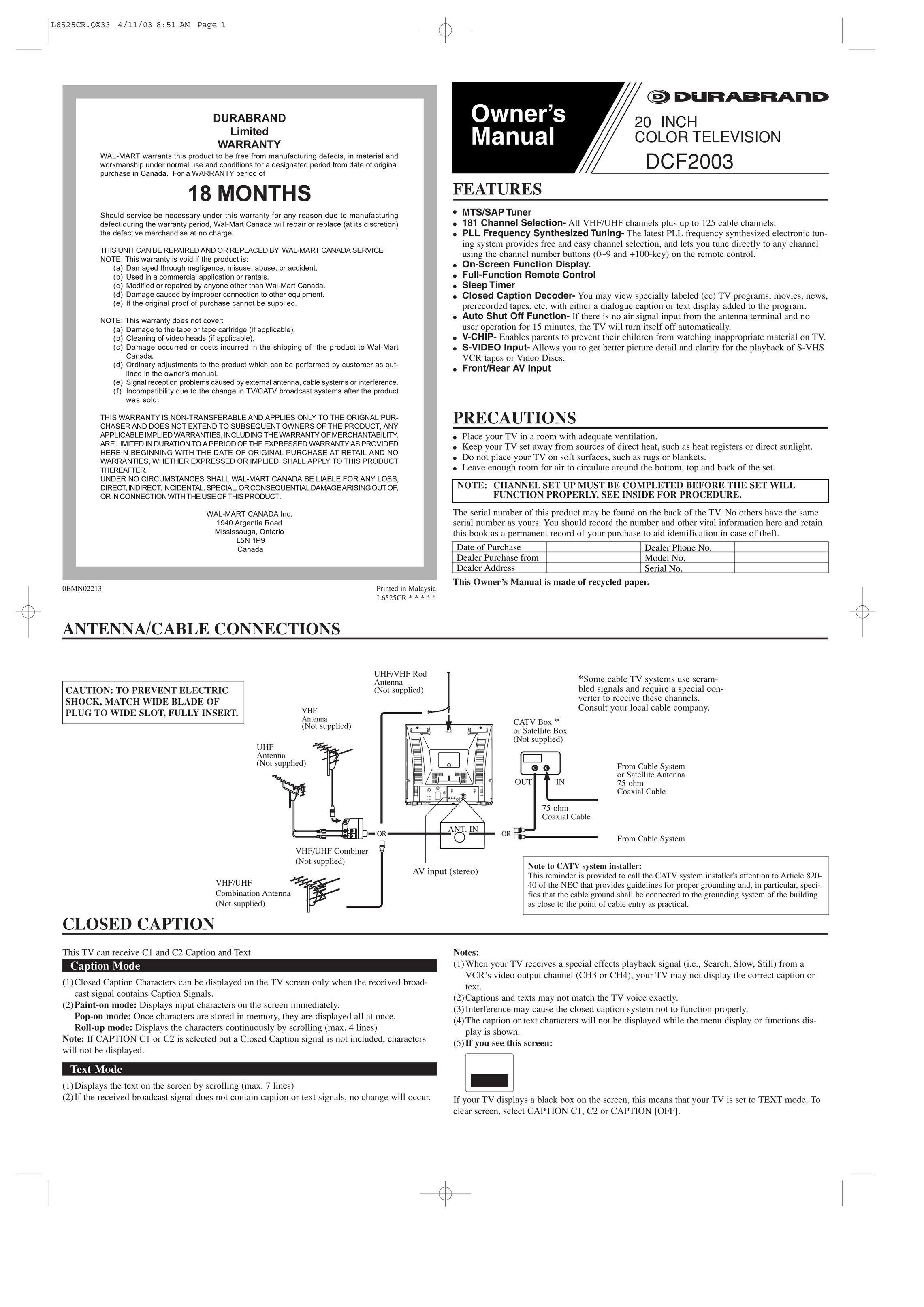 Durabrand DCF2003 CRT Television User Manual