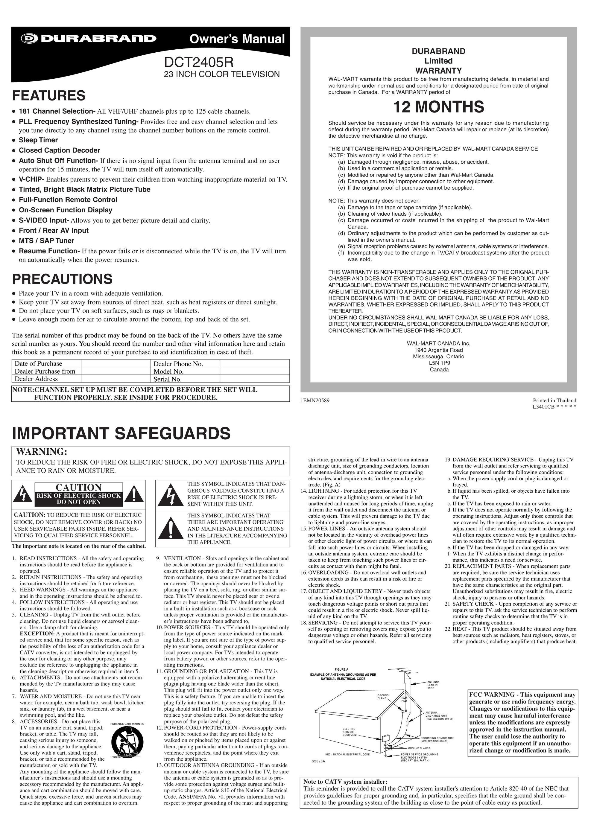 Durabrand DCT2405R CRT Television User Manual