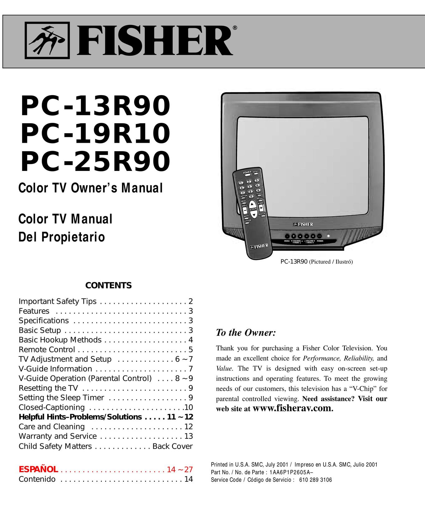 Fisher PC-25R90 CRT Television User Manual