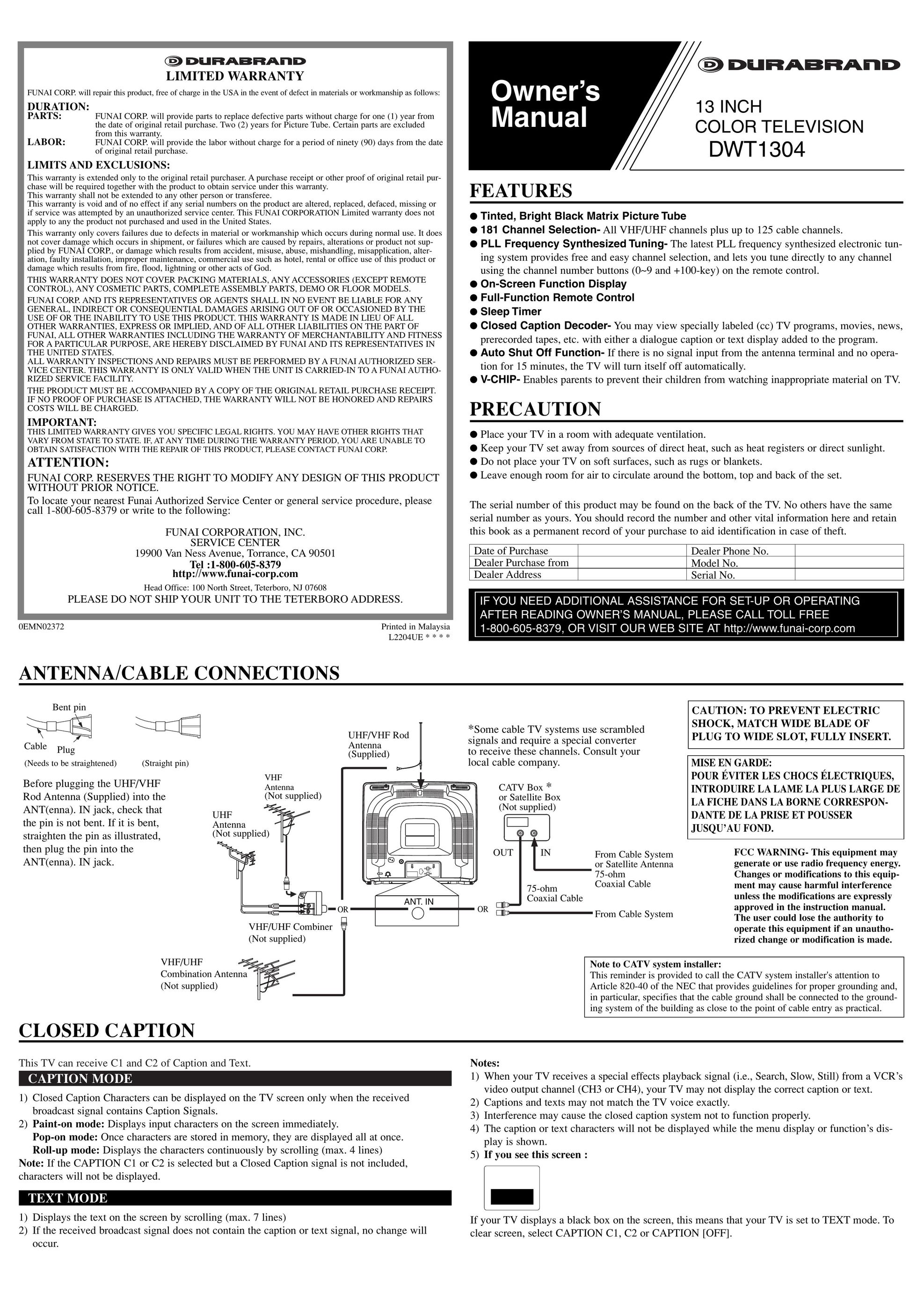 FUNAI DWT1304 CRT Television User Manual