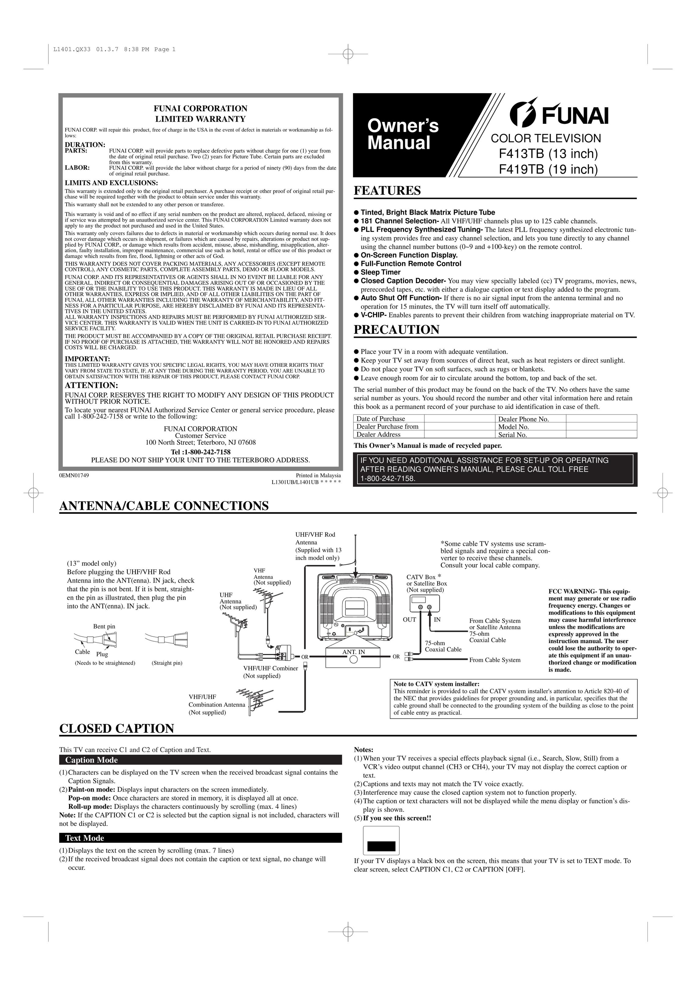 FUNAI F413TB, F419TB CRT Television User Manual