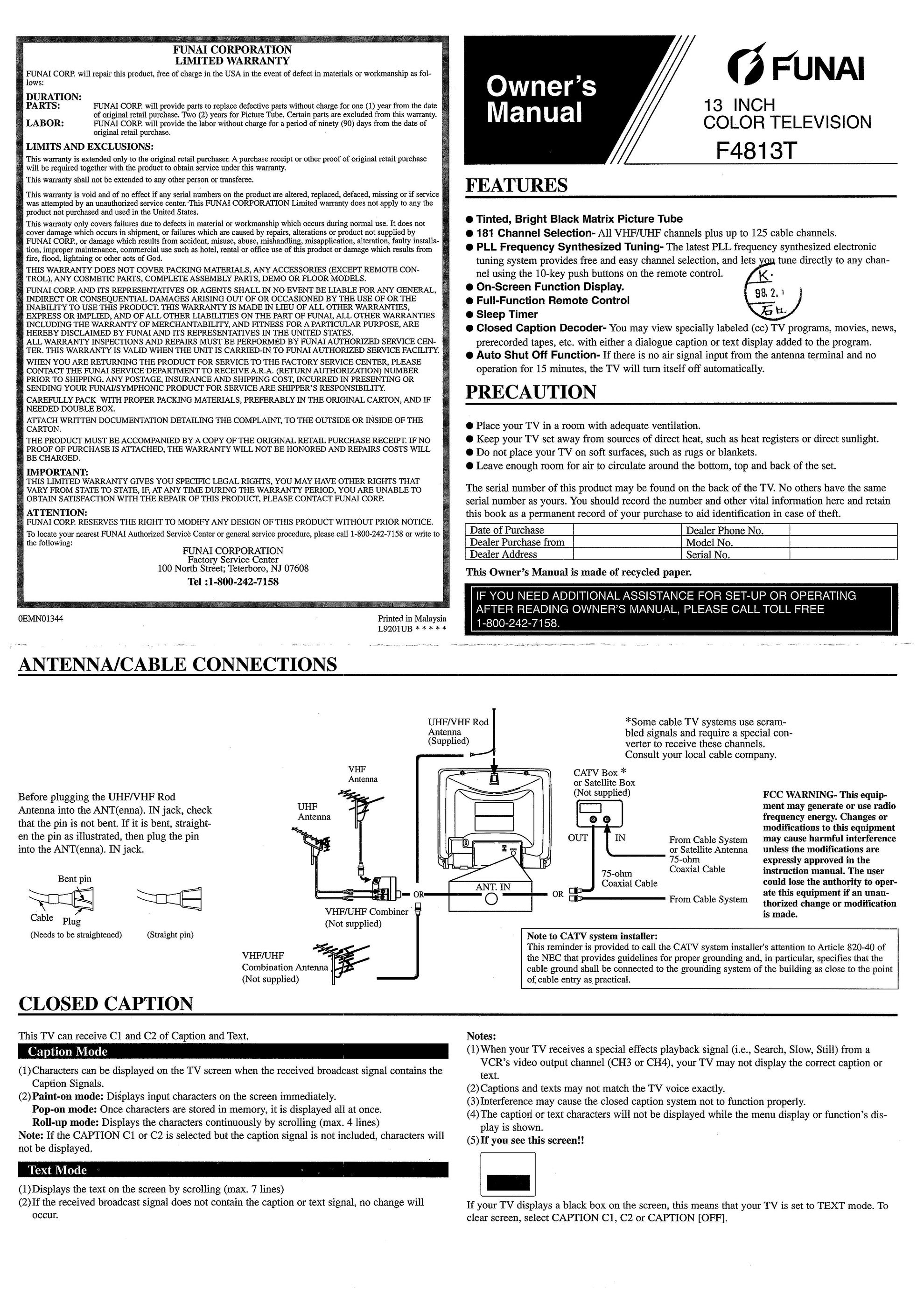 FUNAI F4813T CRT Television User Manual