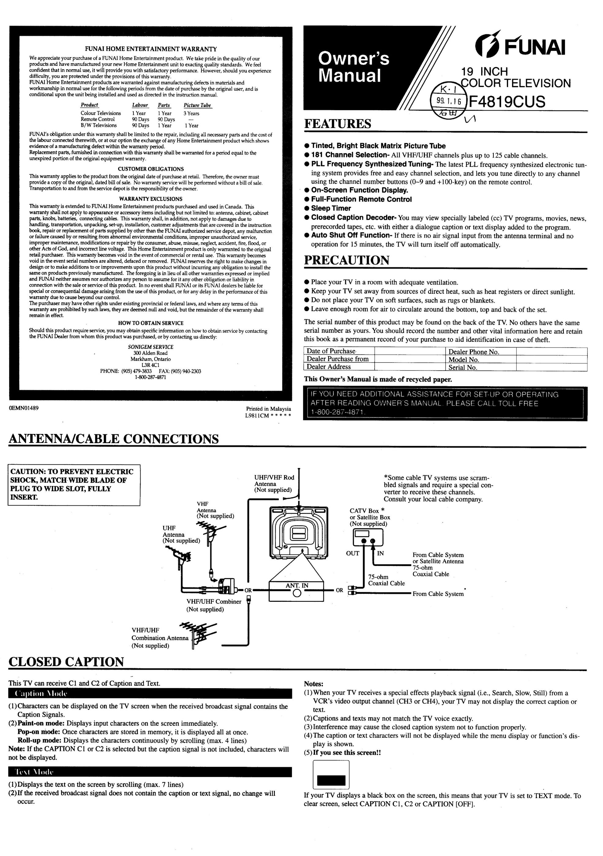 FUNAI F4819CUS CRT Television User Manual