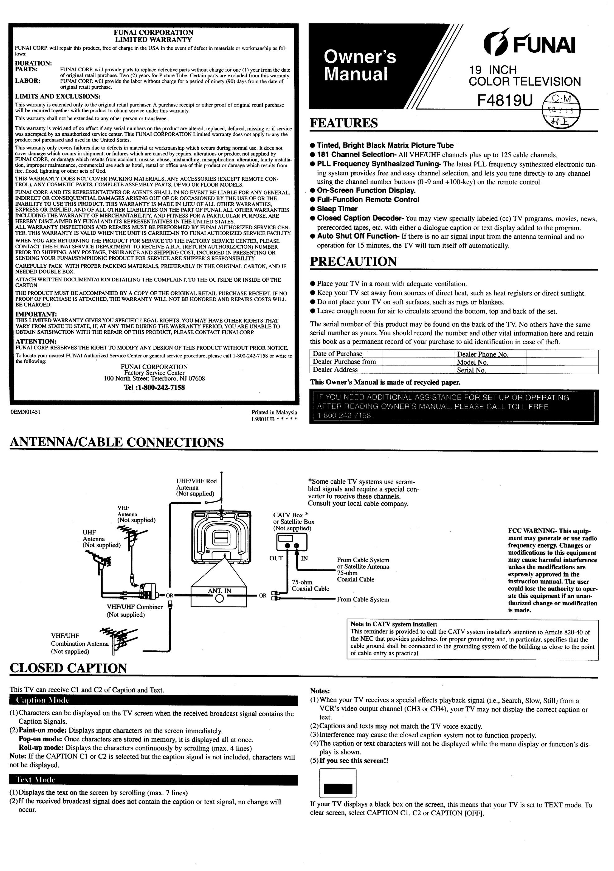 FUNAI F4819U CRT Television User Manual