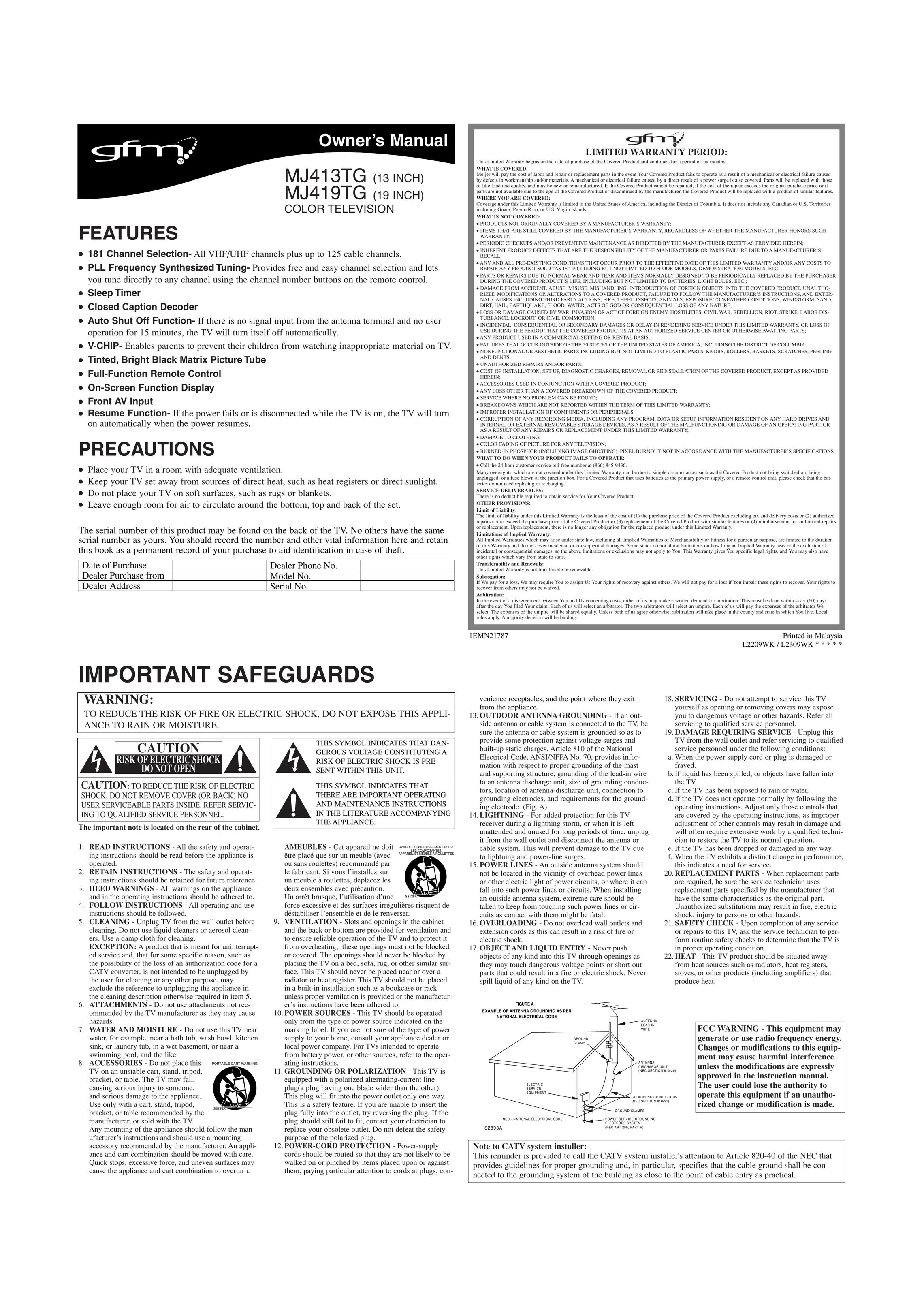 FUNAI MJ419TG, MJ413TG CRT Television User Manual