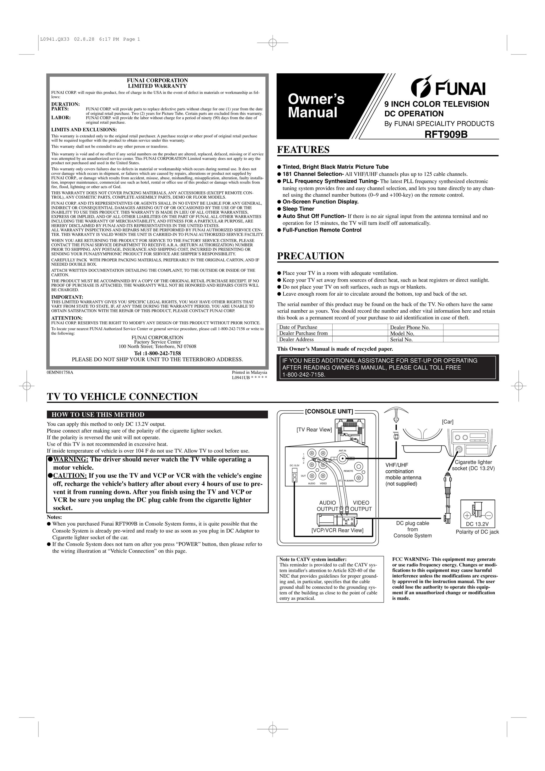 FUNAI RFT909B CRT Television User Manual