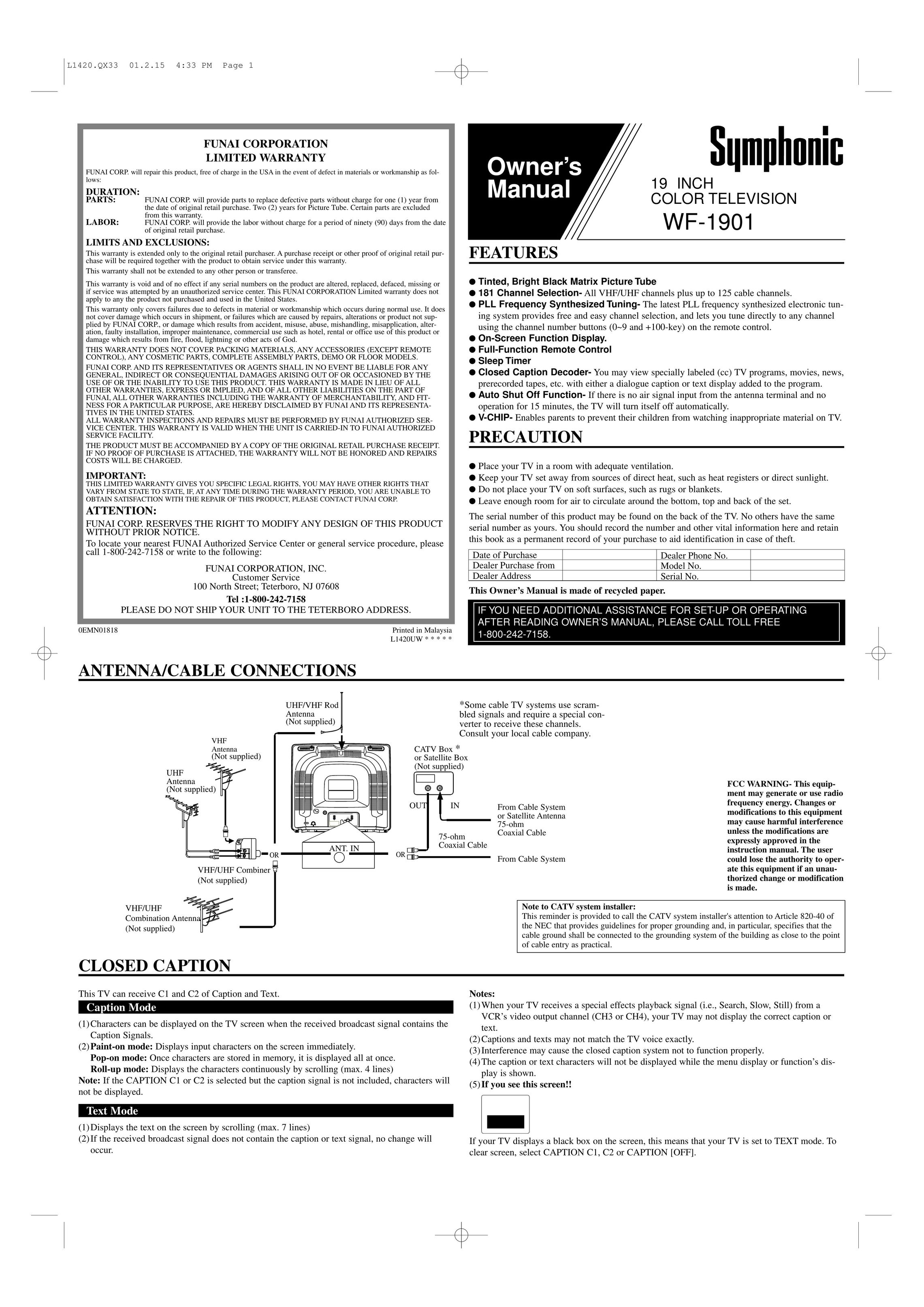 FUNAI WF-1901 CRT Television User Manual