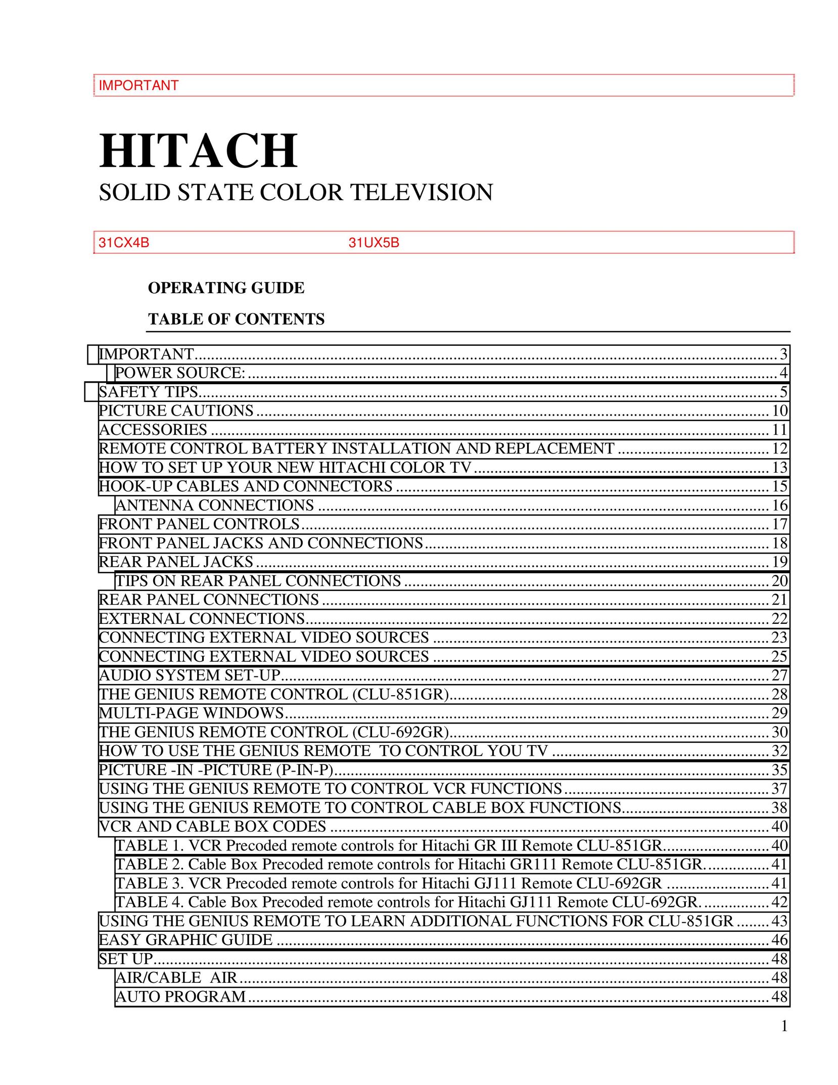 Hitachi 31CX4B, 31UX5B CRT Television User Manual