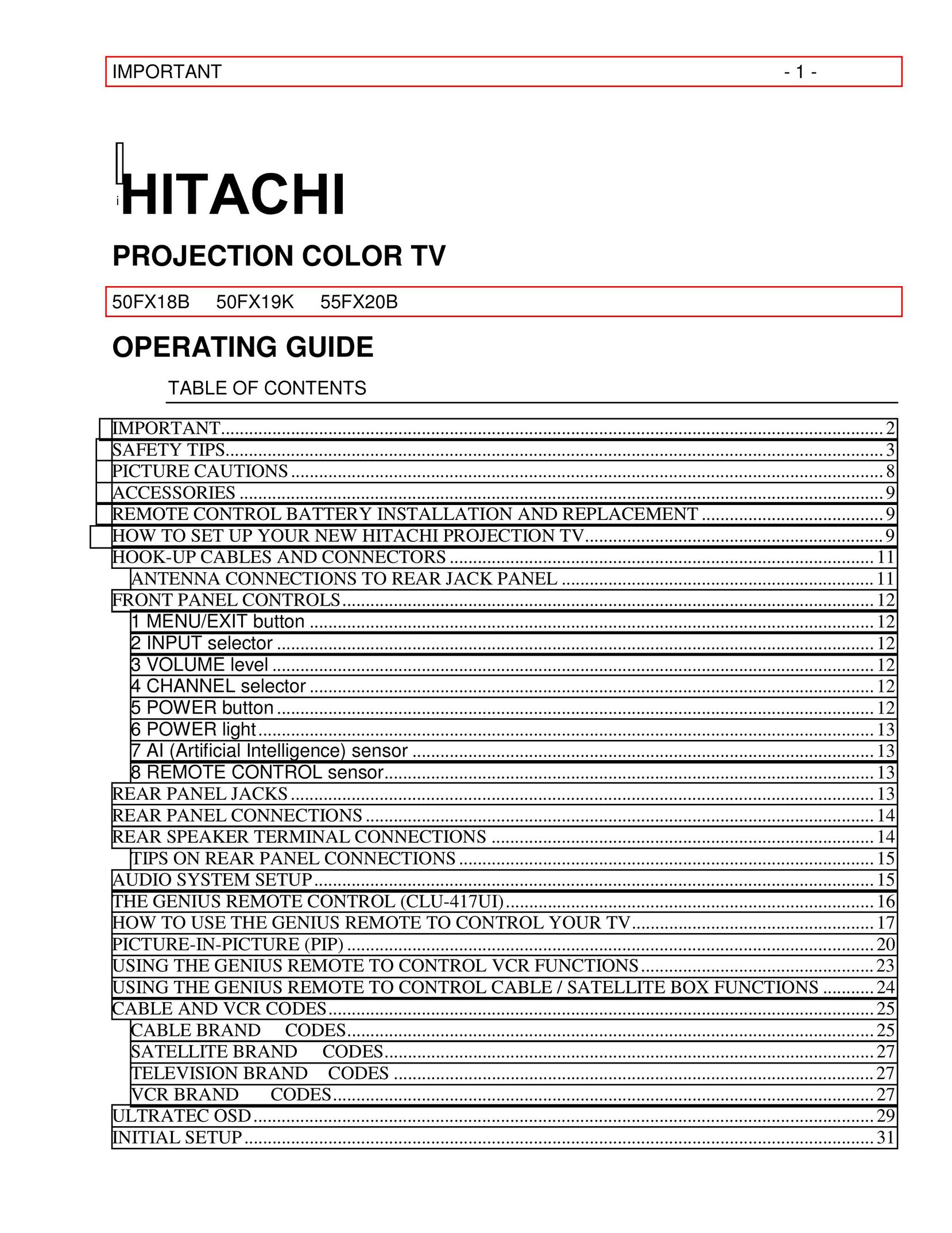 Hitachi 50FX18B CRT Television User Manual