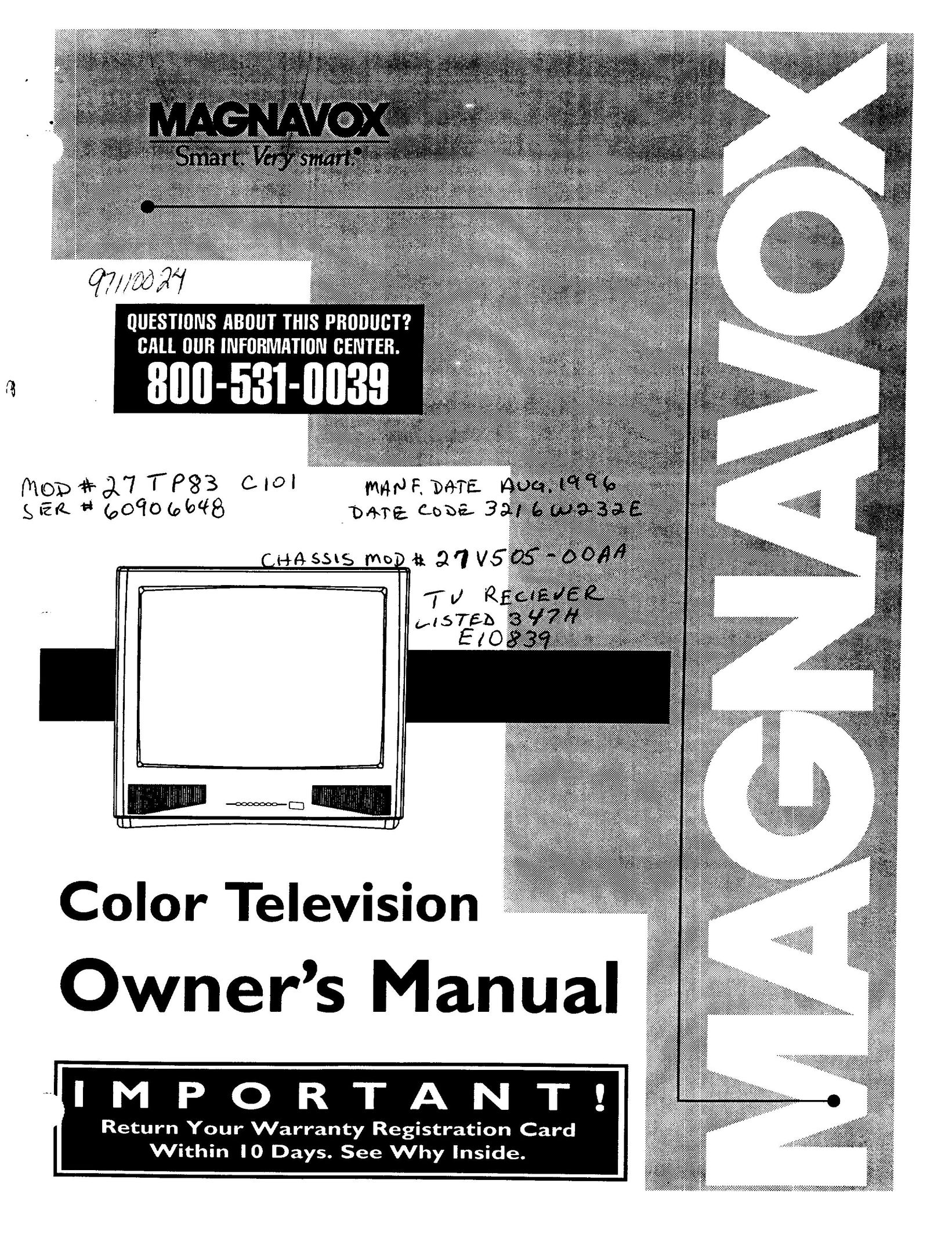 Magnavox 27TP83 C101 CRT Television User Manual